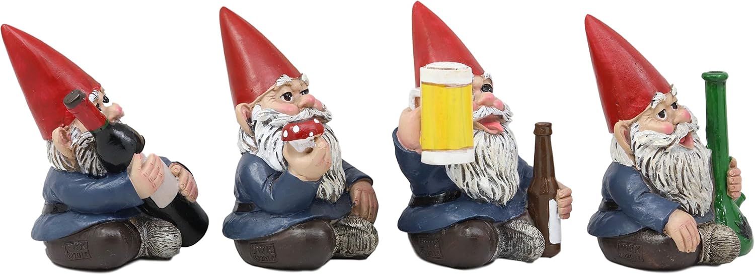 Ebros Happy Times Drunk and High Gnome Figurines Collectible Set of 4 Whimsical Dwarf Gnomes Home Shelf Decors Miniature Statues 3.5" Tall Party Celebration of Wine Beer Weed Bong Magic Mushroom