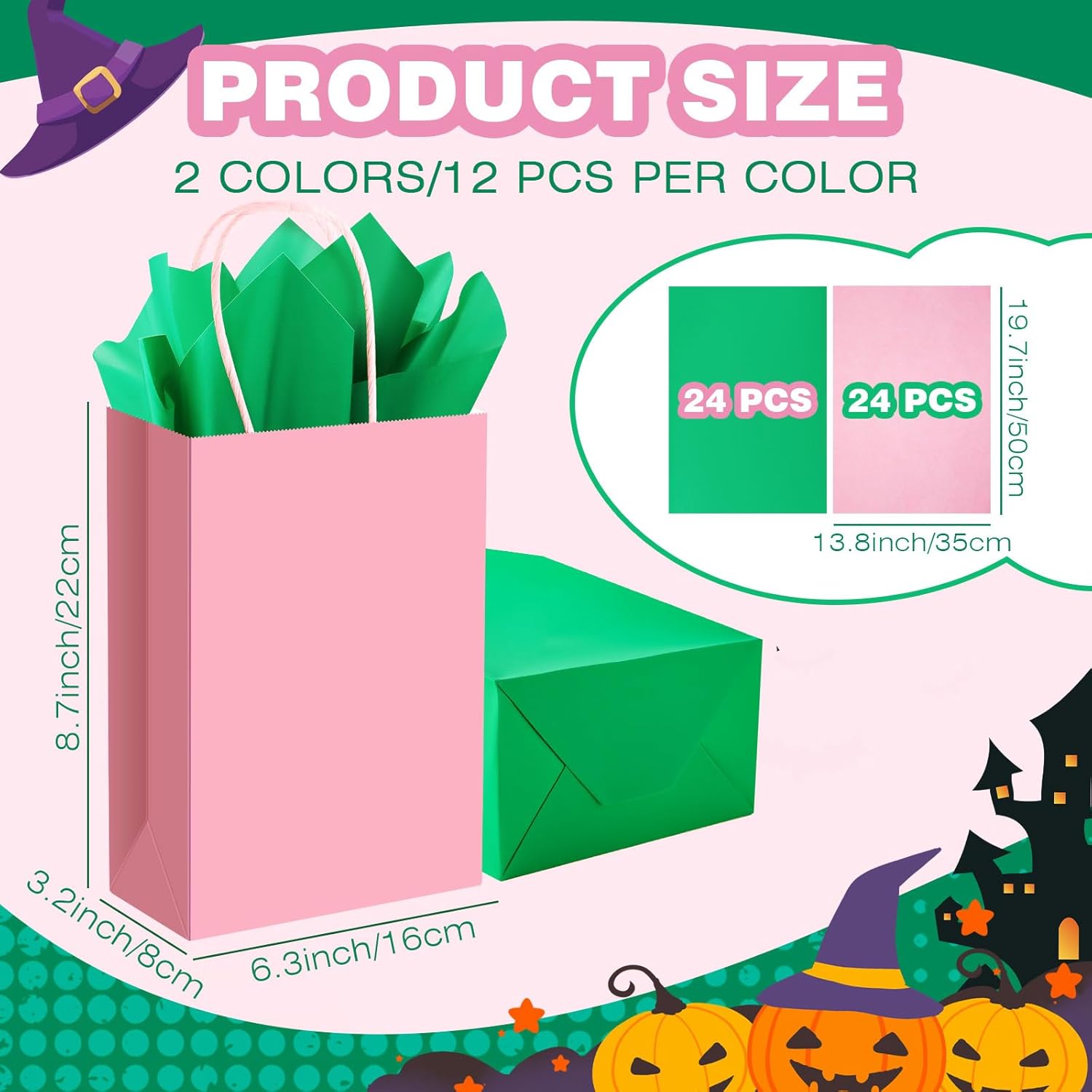 Fullhawl 24 Pack Pink and Green Gift Bags with Tissue Paper Halloween Witch Party Favors Kraft Paper Candy Goodie Bags with Handles for Princess and Witch Party Supplies Birthday Halloween Decorations - Image 2