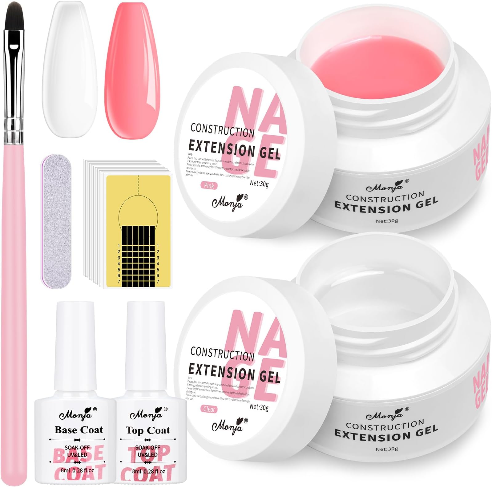 Monja Builder Nail Gel Kit 2*30g Clear Pink Colors Nail UV Extension Base Gel Topcoat Set for Nail Building Strengthen Hard Gel Nail Art Manicure with 20PCS Nail Forms UV Nail Brush for Beginners DIY Home, Nail Salon