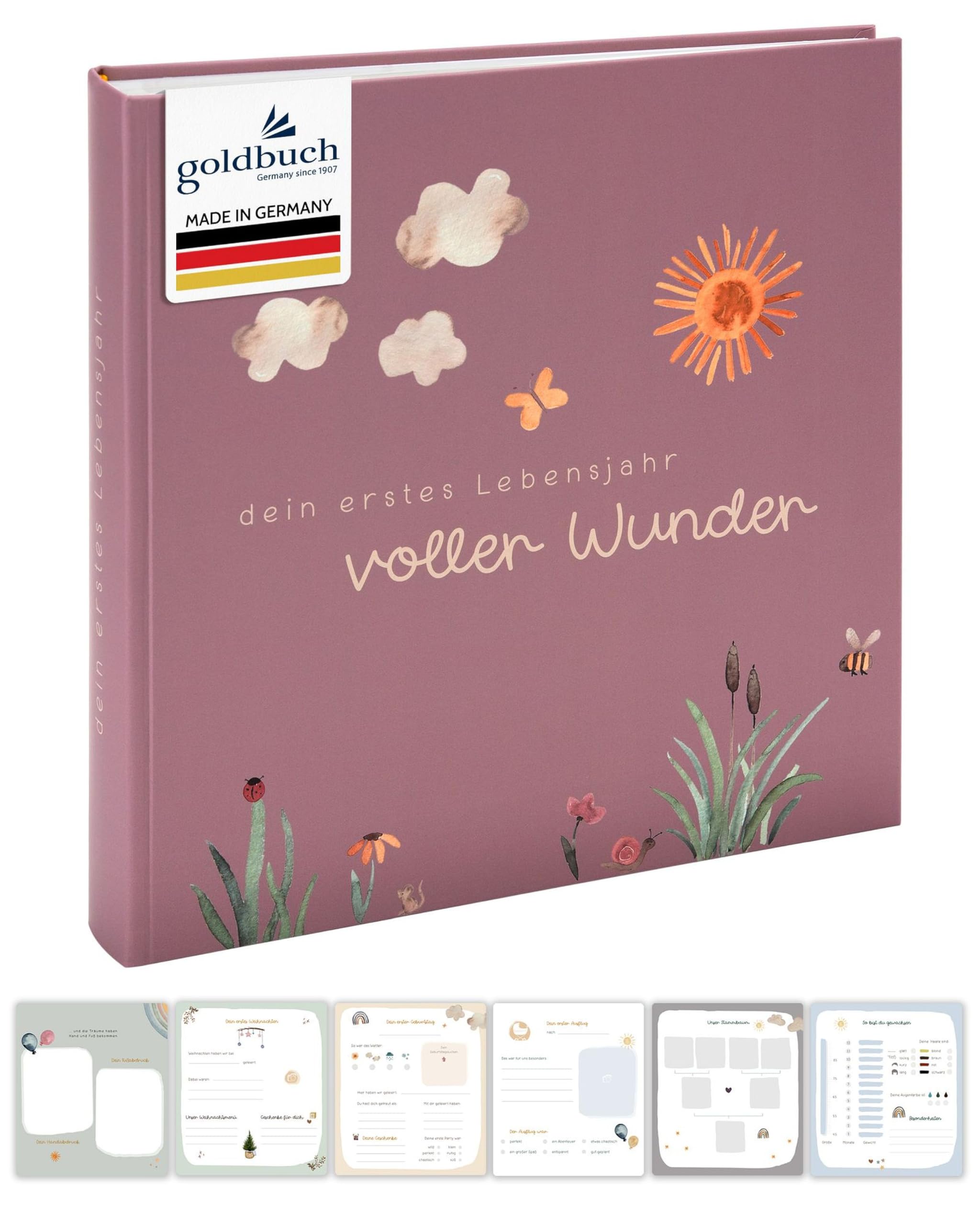 goldbuch 15 511 Babyalbum voller Wunder Wiese mit Blumen-Motiv, Fotoalbum mit 58 weißen Blankoseiten, Pergamin & 4 illustrierte Seiten, Baby Album Einband mit Goldprägung, ca. 30 x 31 x 4 cm, Altrosa