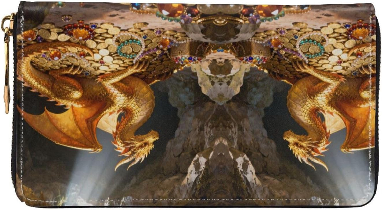 Golden Dragon Pattern Long Zip Around Wallet for Women, Large Capacity RFID Leather Wristlet Wallet with 12 Card Slots Coin Purse, Fashion Clutch Purse with Wrist Strap