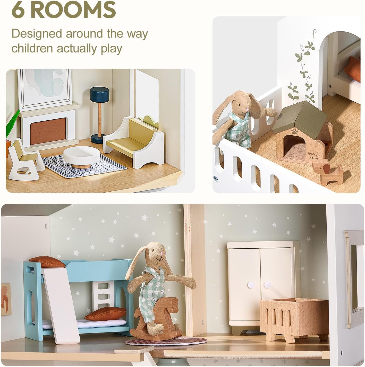 Giant bean Modern Wooden Dollhouse with Lights & 37PCS Furniture Set – Nordic Style 3-Story Playhouse for Kids Age 3+, Natural Wood Montessori Doll House with Realistic Rooms, Gift for Girls & Boys