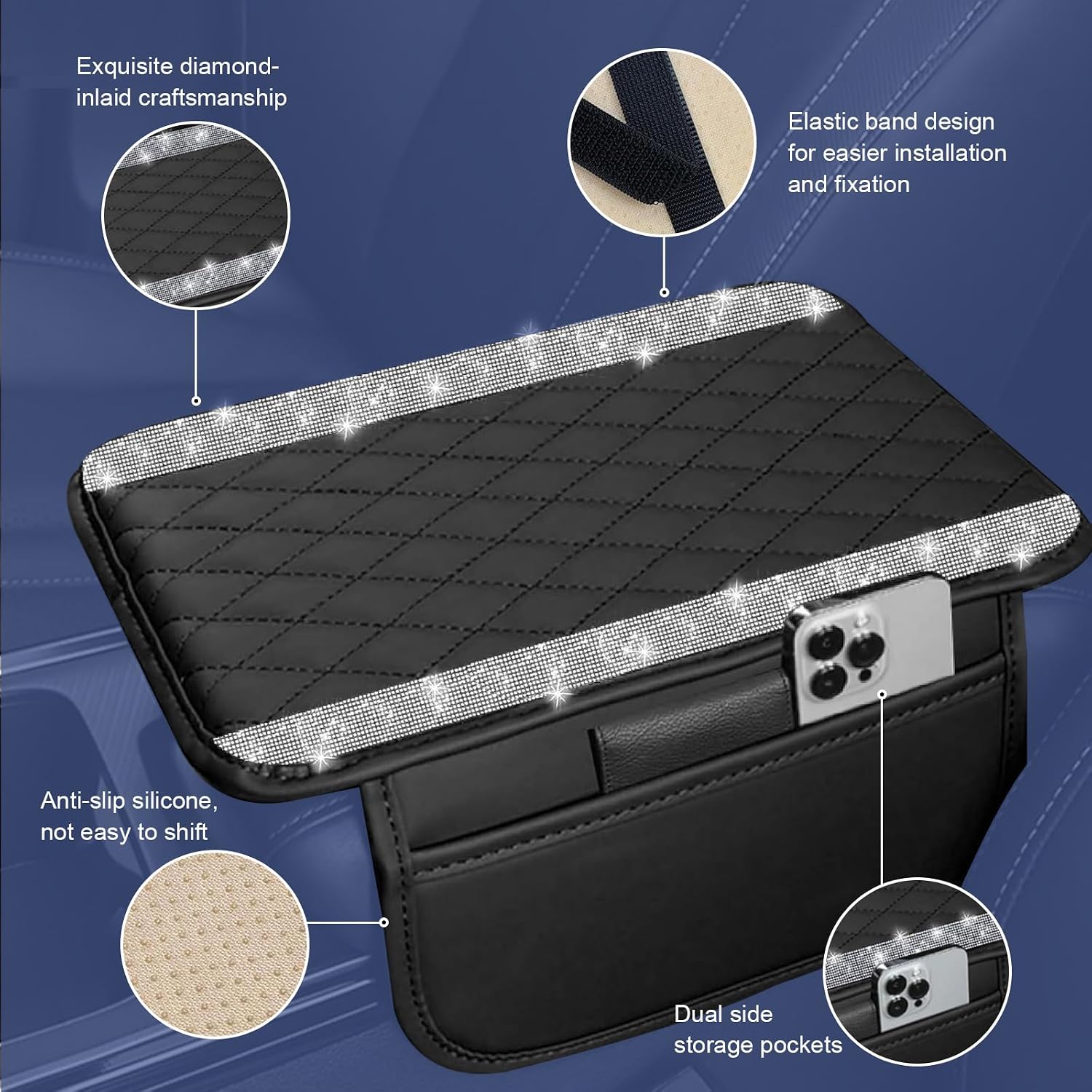 Bling Car Center Console Cover, Sparkling Rhinestone Auto Armrest Pad Cushion, Universal Leather Arm Rest Protector with 2 Side Storage Pockets, Interior Accessories for Most Vehicles (Silver) image 5