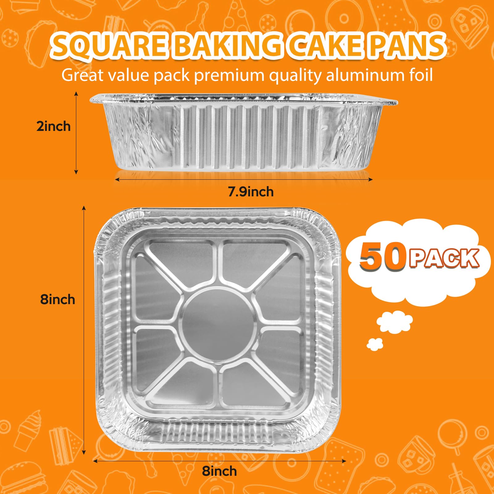 Lot de 50 moules à gâteau jetables carrés robustes de 20,3 x 20,3 cm, parfaits pour la cuisson, le chauffage, la préparation des repas, le stockage, le pain, les brownies, le pain de viande, les