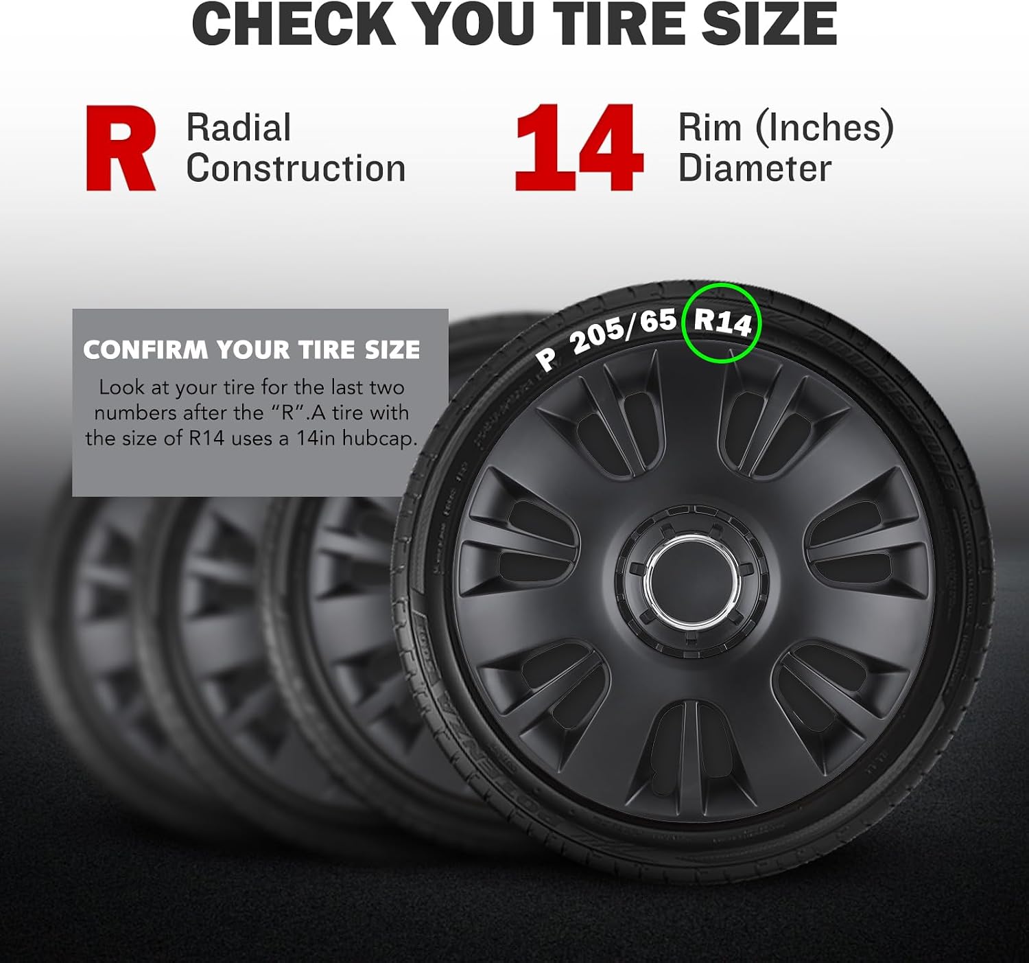 Wheel Covers 14 Inch Hubcaps, Black Matte 14" Rims Wheel Covers Replacement Accessories (4 Pack)