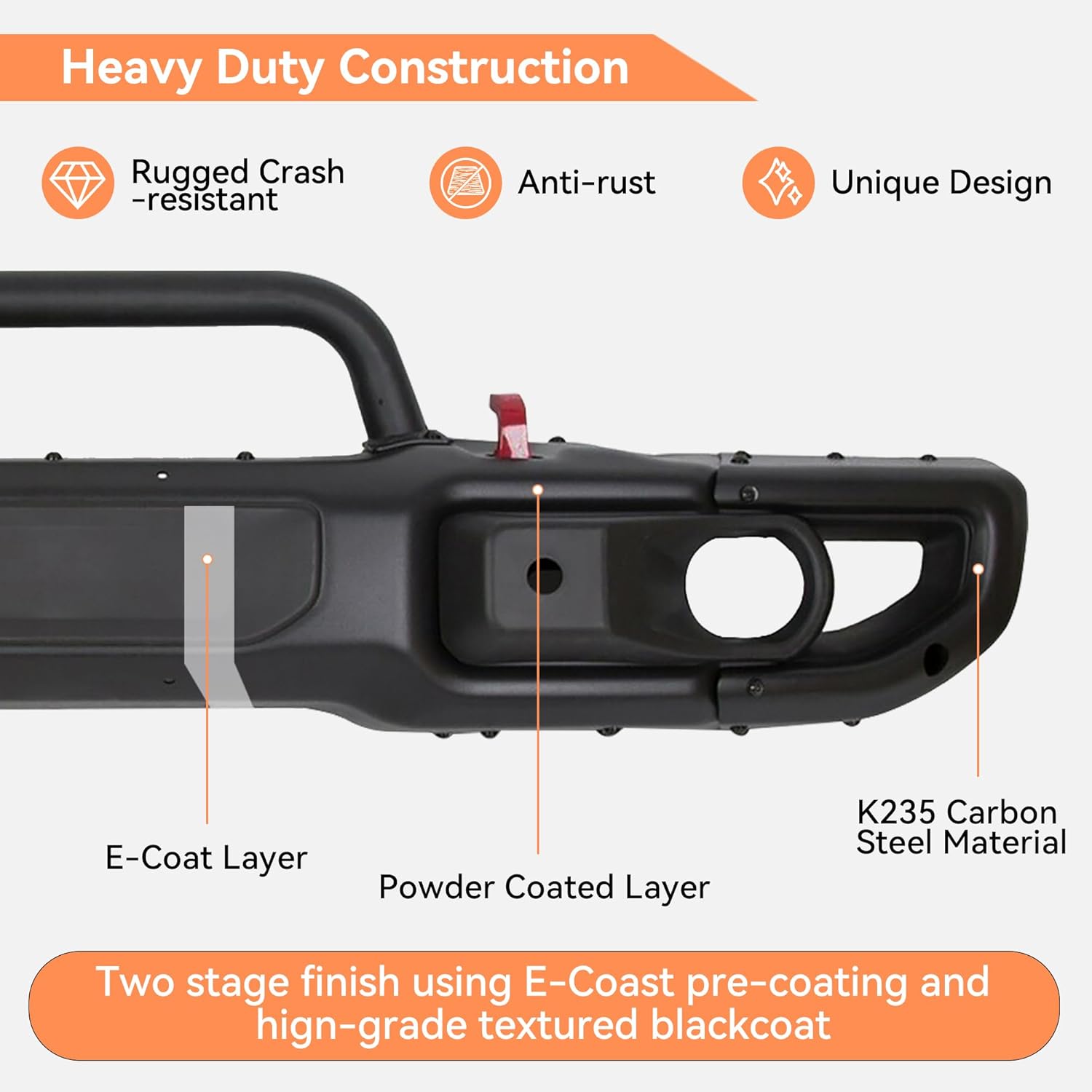 Front Bumper Fits for Jeep Wrangler JL 2018-2025 & Jeep Gladiator JT 10th Anniversary Style 2020-2025, Off Road Carbon Steel Bumper with Sensor Holes, Build-in Winch Plate, Bull Bar, Rescue Hook