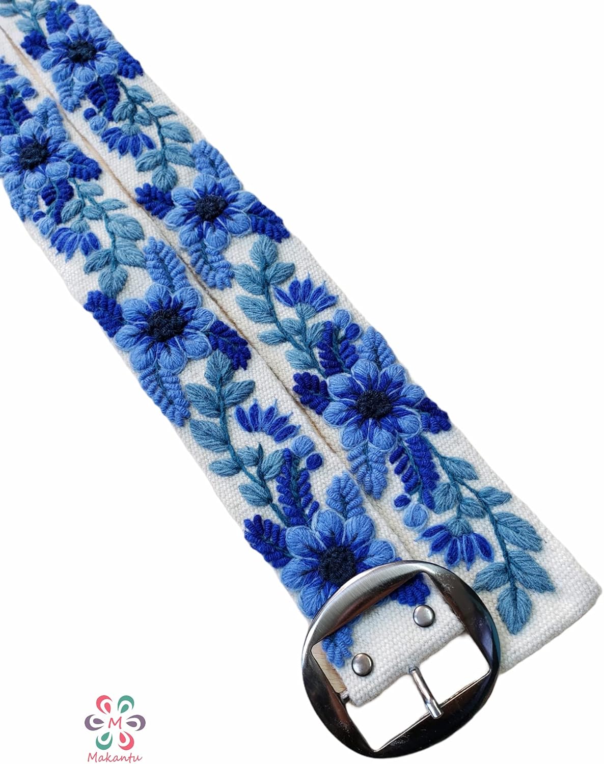 Ivory belt with electric blue flowers, handmade embroidered with natural wool in Peru, artistic floral design, woman gift, XS - 3XL