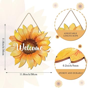 Sunflower Welcome Wood Door Hanger 12 Inch | Large Wooden Flower Sign, Inspirational Wall Porch Art, Summer Fall Front Door Wreath, Indoor Outdoor Home Decor
