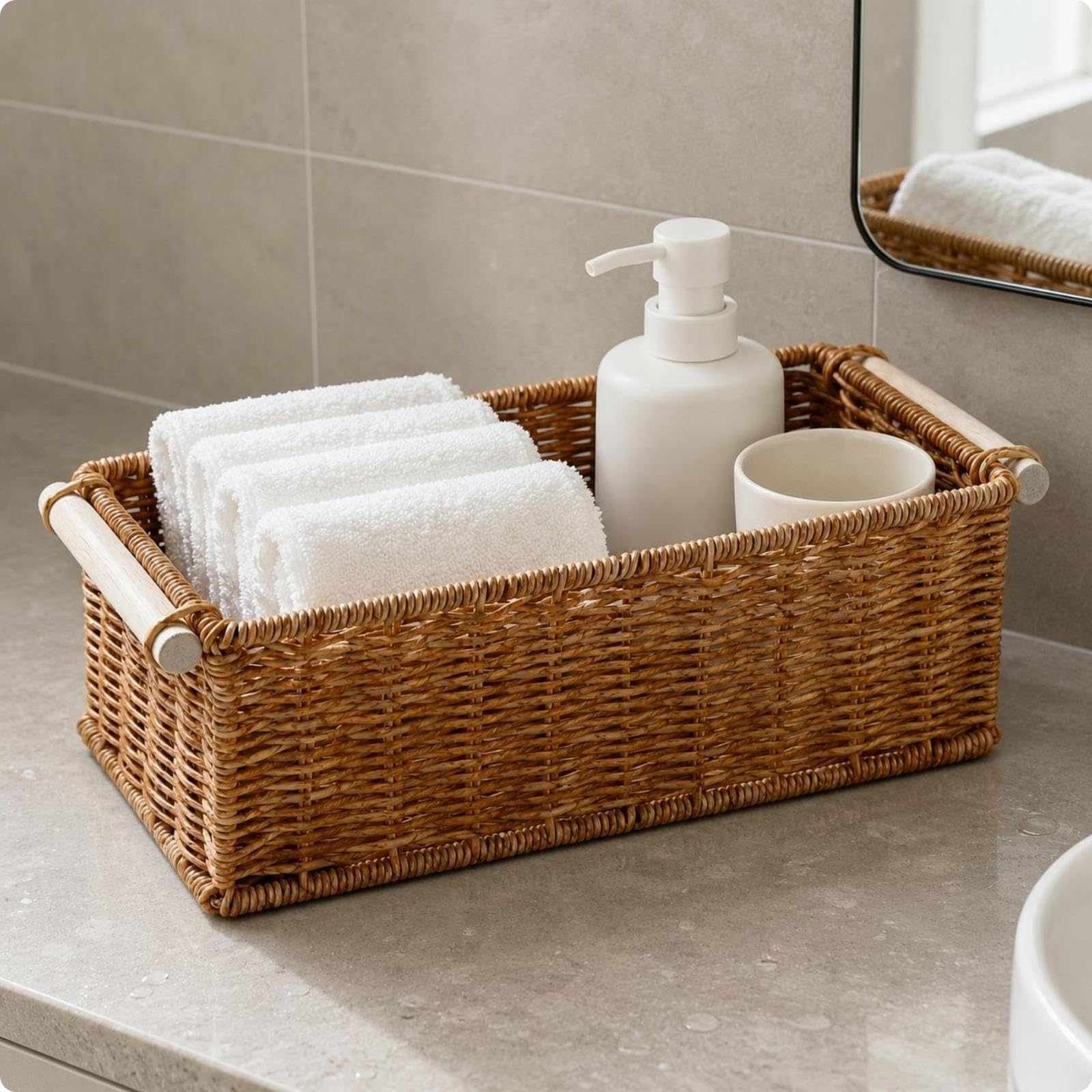 Rectangular Woven Basket Open Top Rectangular Storage Basket Iron Frame for Tabletop, Home Organization L-image-47
