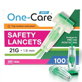 ONE-CARE OPTI Safety Lancets Top Button Activated 21G x 1.8mm, NormalFlow, 100/bx