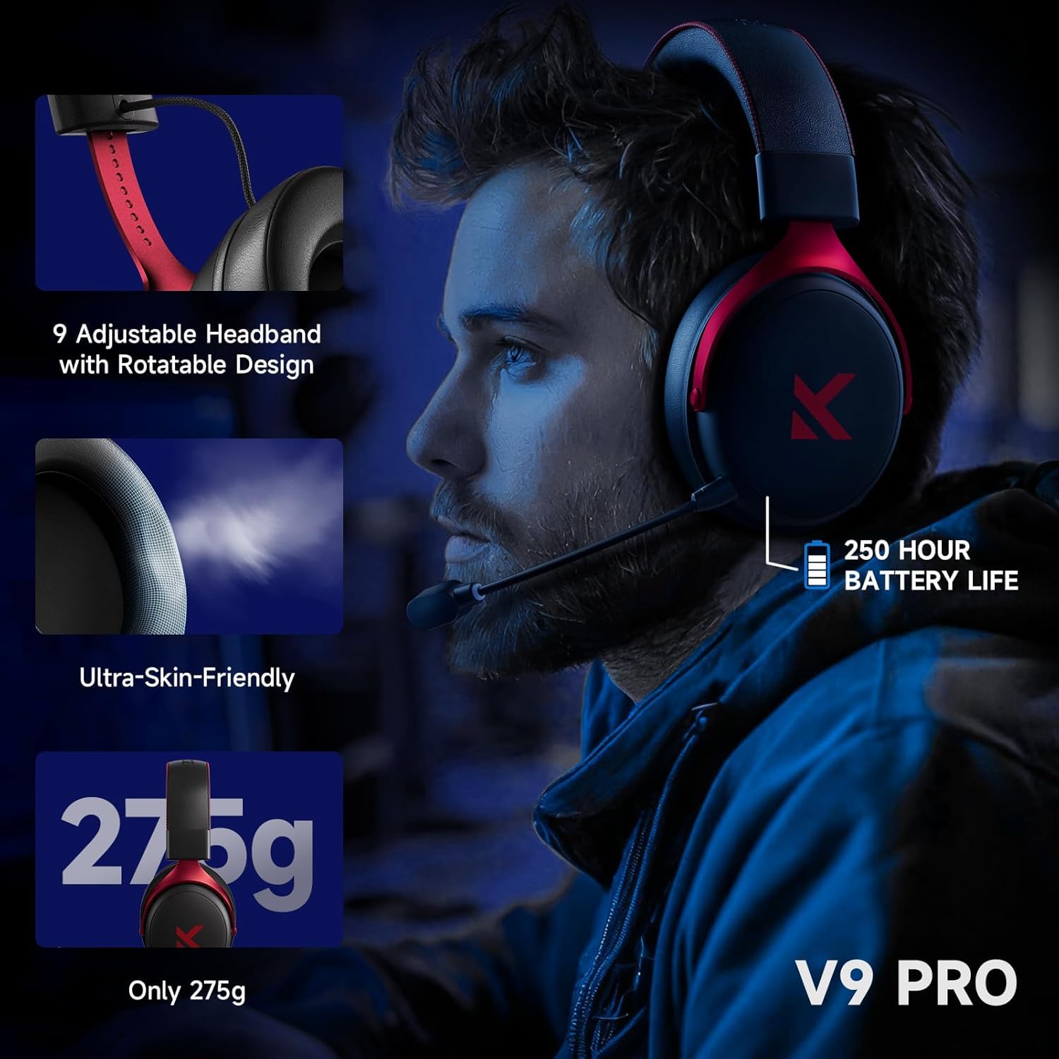 MCHOSE V9 Pro Nero Rosso 7.1 Surround Wireless Gaming Headset (HW-V9-4)
