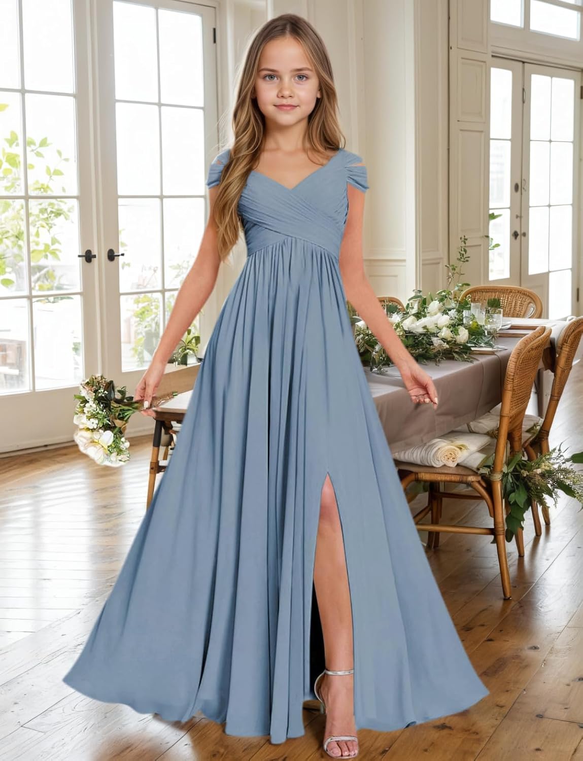 Junior Bridesmaid Dress V-Neck Chiffon Flower Girl Dress for Wedding Princess Pageant Prom Gowns