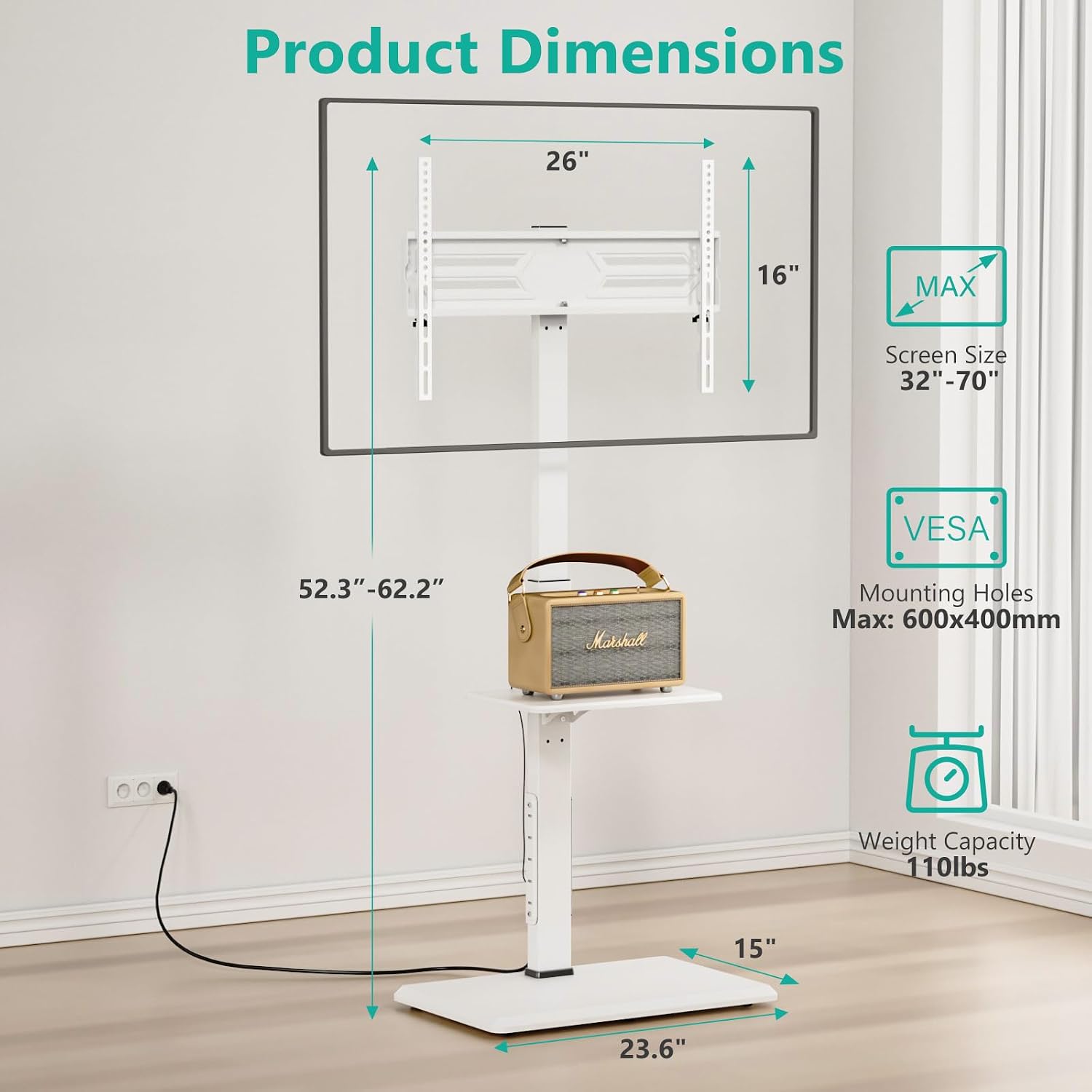 WALI Floor TV Stand with Power Outlet & AV Shelf, Tall TV Stand Mount for 32-70 inch TV up to 110 lbs, Swivel and Height Adjustable TV Stands with Wood Base for Bedroom, Office(TVDVD-6PW), White
