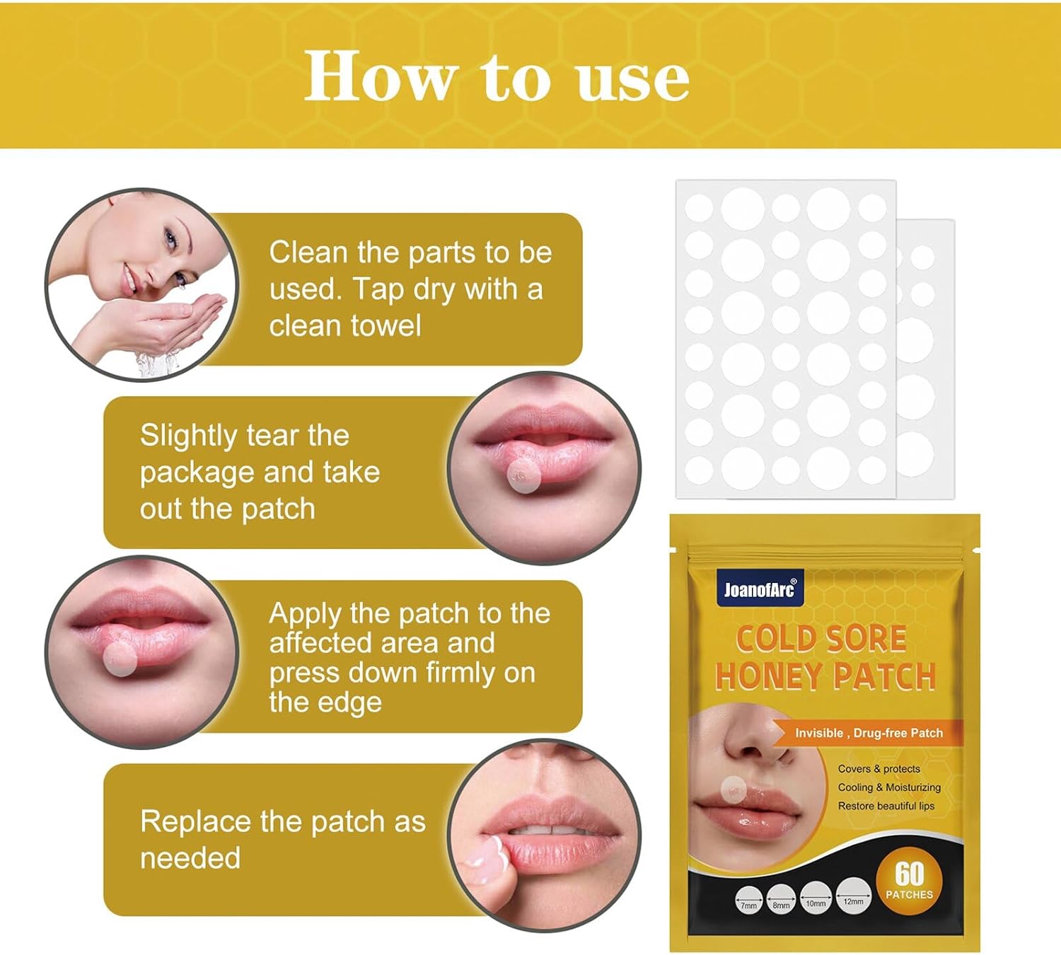 JoanofArc Cold Sore Honey Patches, Fast Relief, Cooling & Moisturizing, Portable Use for Healthy Lips（60 Patches）