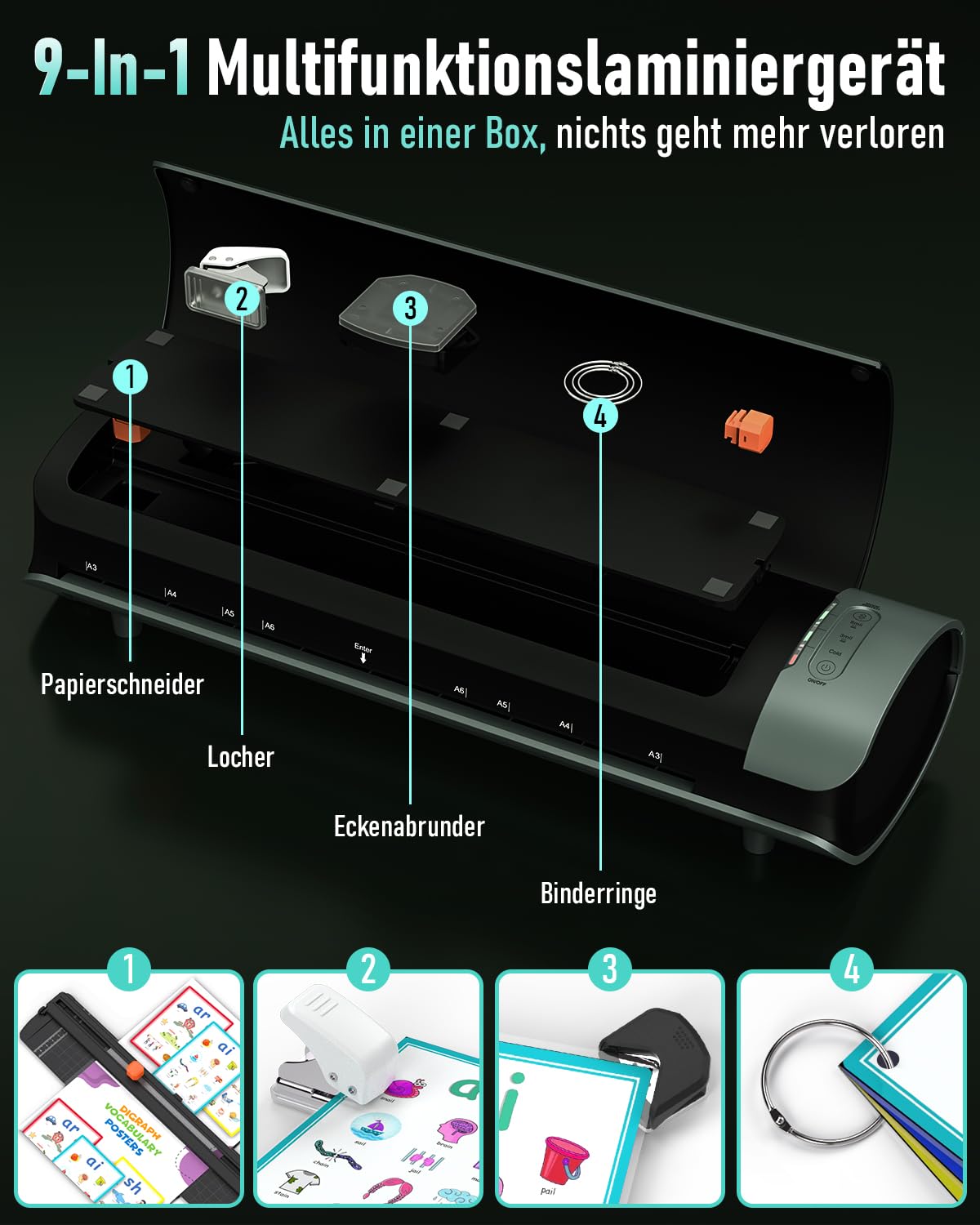 Qfun Laminiergerät A3 mit Laminierfolien 30 Stück für A3 A4 A5 A6, 9 in 1 Schnell Aufwärmen Laminiermaschinen Set Heiß und Kalt mit Papierschneider und Eckenabrunder für Schule Zuhause Büro, 80-125mic