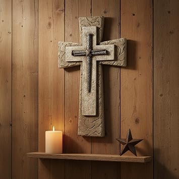 Comfy Hour 12 Faux Stone Wall Cross with Nail Design, Decorative Religious Plaque for Christian Home Office, Artisan Crafted Spiritual Wall Art, Stone Texture Resin Sculpture, 1 Unit