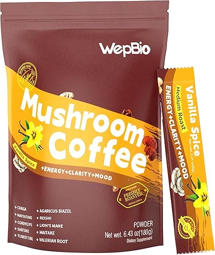 Café de hongos 11 en 1 adaptogénico mezcla de hongos con Ashwagandha KSM-66, melena de león, reishi, cola de pavo y vainilla instantánea, café de