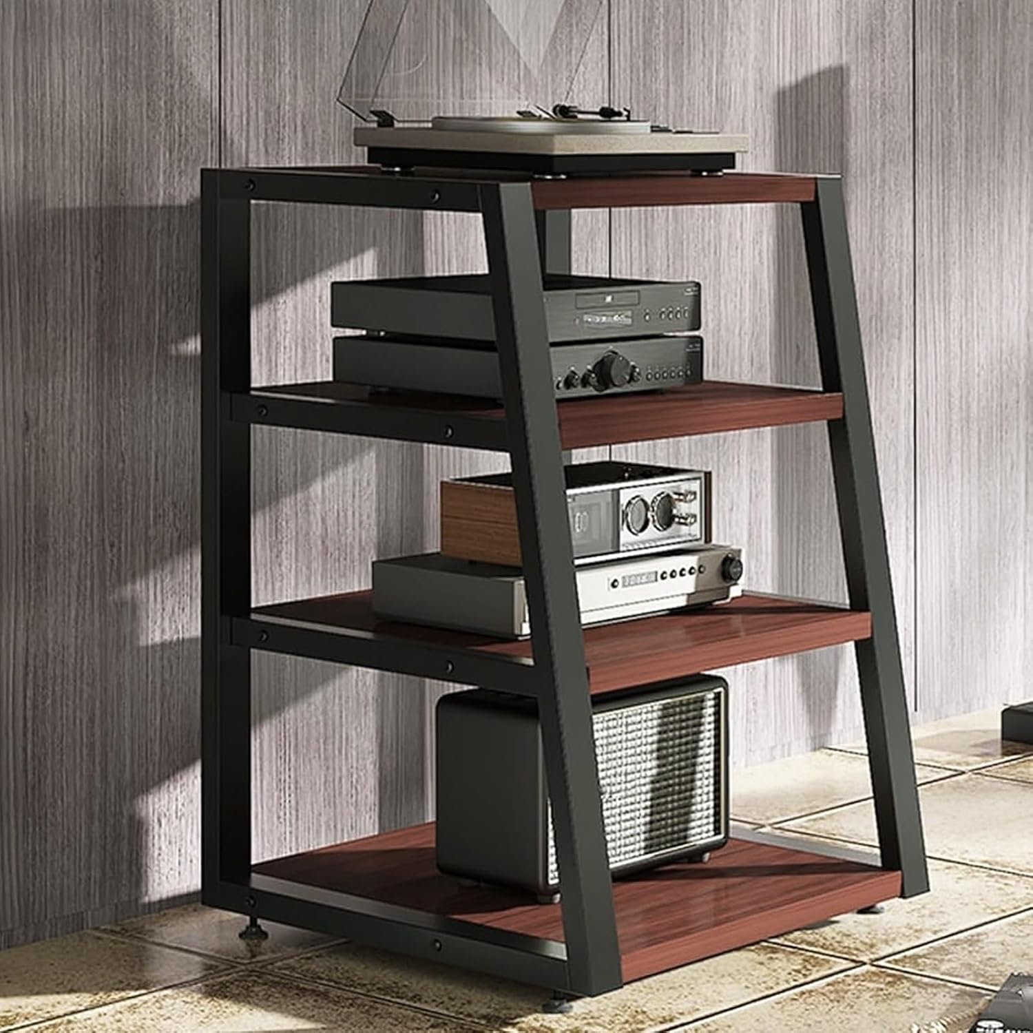 Audio Rack Tower Stereo Cabinet with Wooden Shelf, AV Media Stand Corner Shelf CD Record Player Stand Speaker Display Rack for Home Theater Studio(Brown,4 Tier 82cm/32.2in)