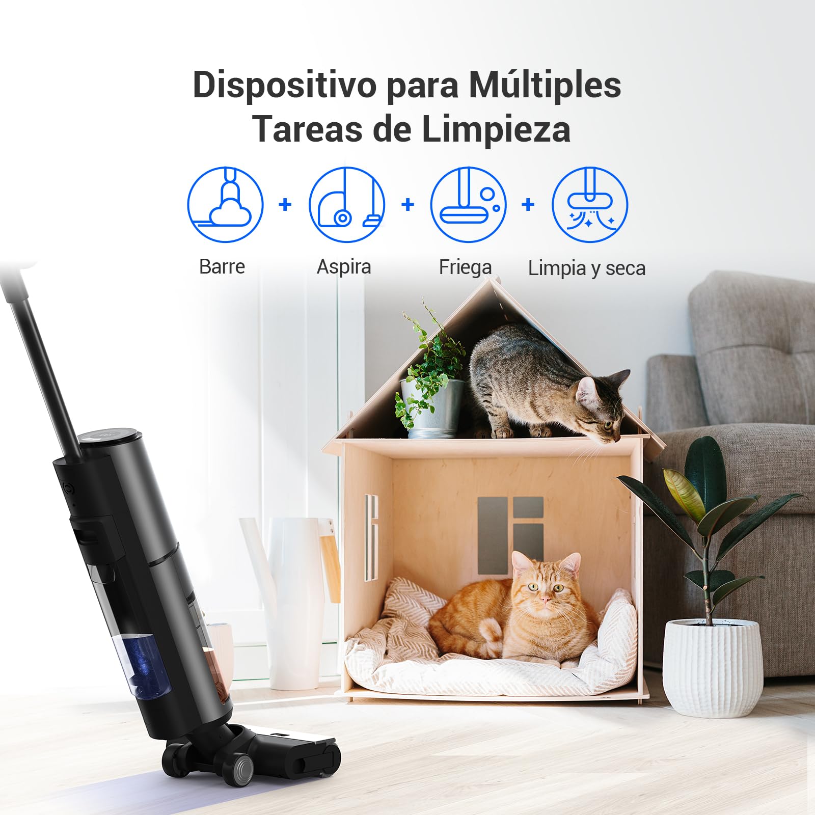 EZVIZ Aspirador Escoba sin Cable en Seco y Húmedo Inalámbrico,Fregasuelos Fregona Potente,Agua Electrolizada,Autolimpieza,Antibacterias y Antiolor,RH2