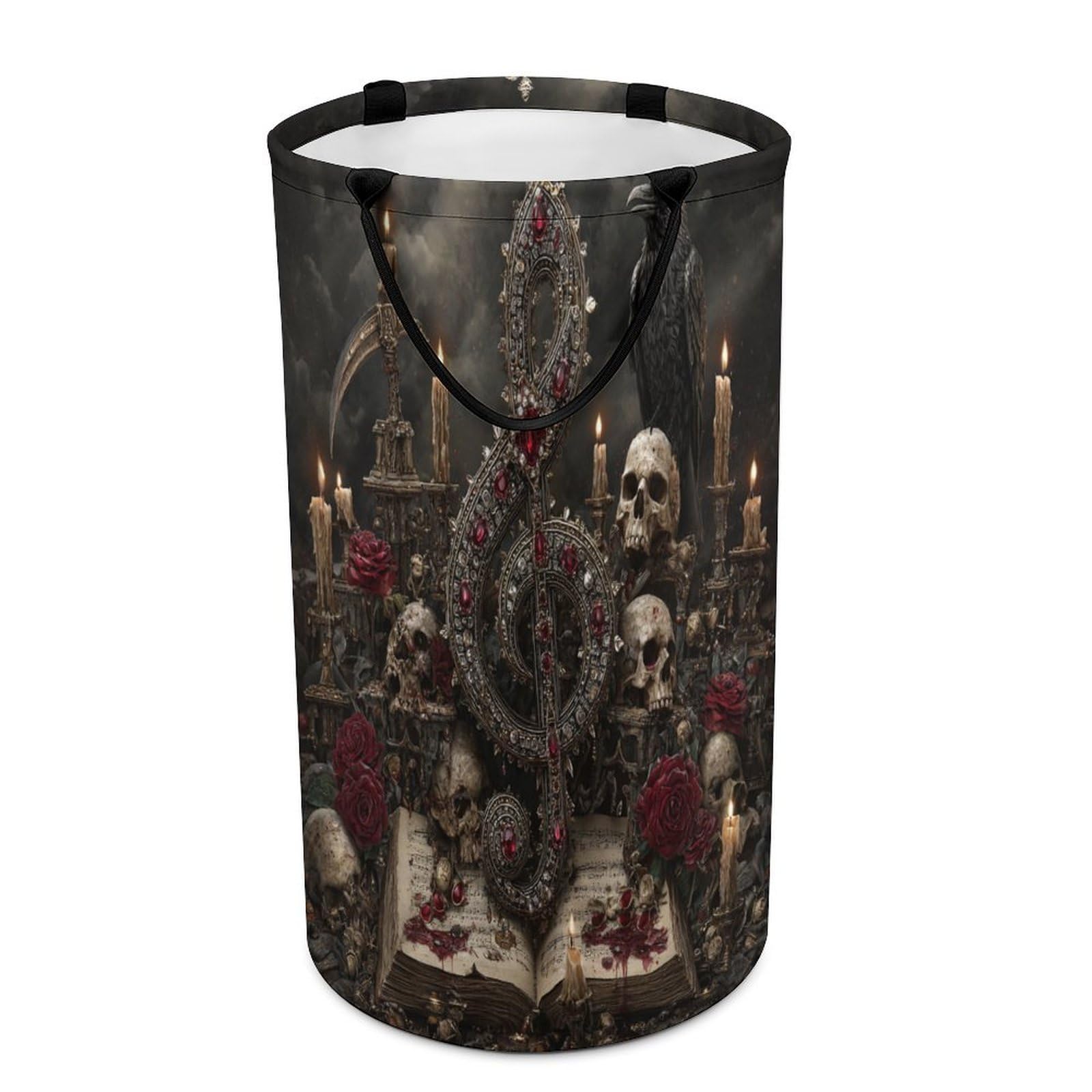 LUYYSKY Fantasy Music Instrument Piano Dirty Clothes Basket, Colorful Gothic Skull Skeleton Musical Note Animal Crow Roses Floral Portable Clothes Storage Laundry Basket-40 CM Dia, 69 CM High