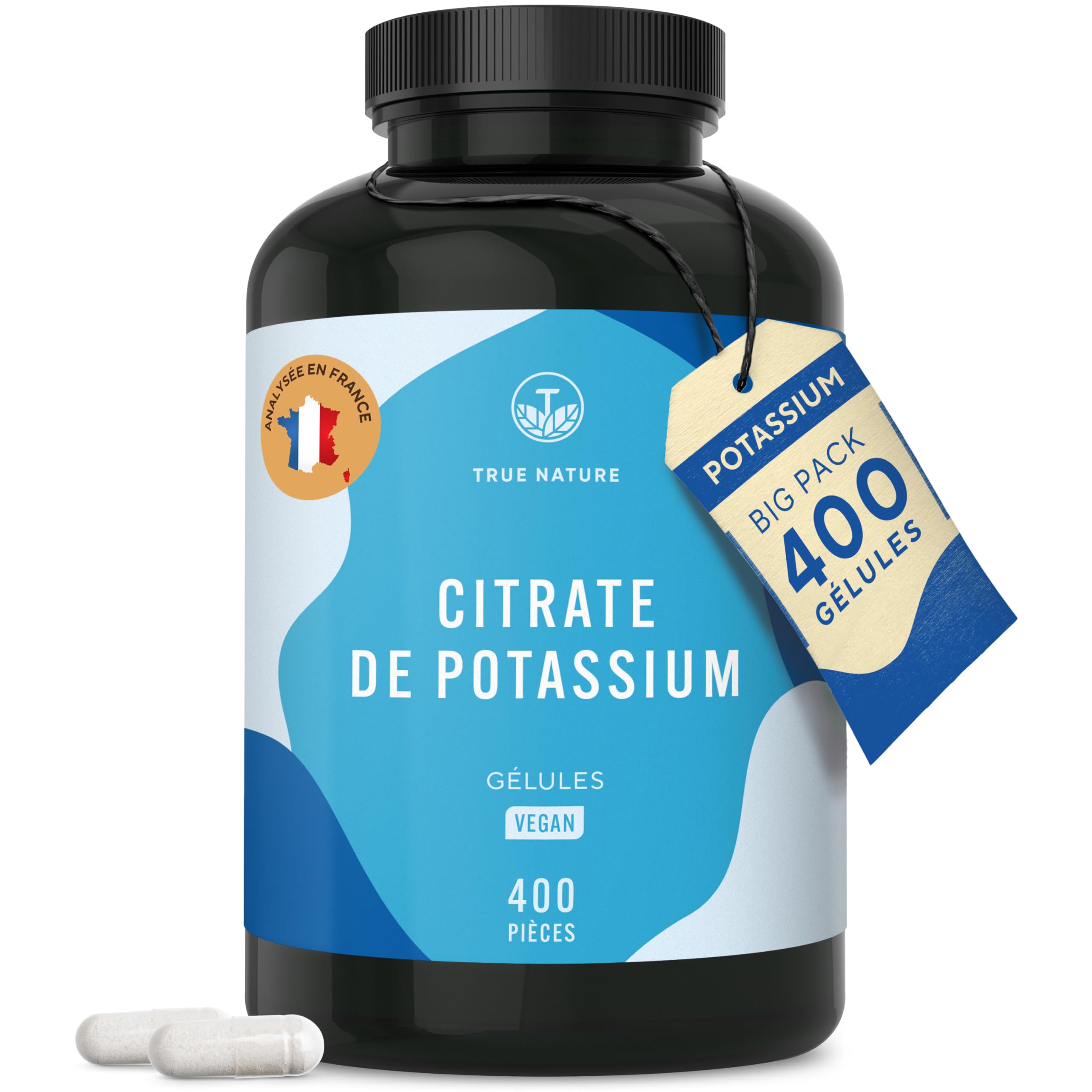 Citrate de Potassium 2.222 mg | 400 Gélules pour 200 jours - 800 mg Potassium Élémentaire - Complément Haute Dose - Vegan - Sans Additifs, Excipients, Gluten & Lactose | TRUE NATURE