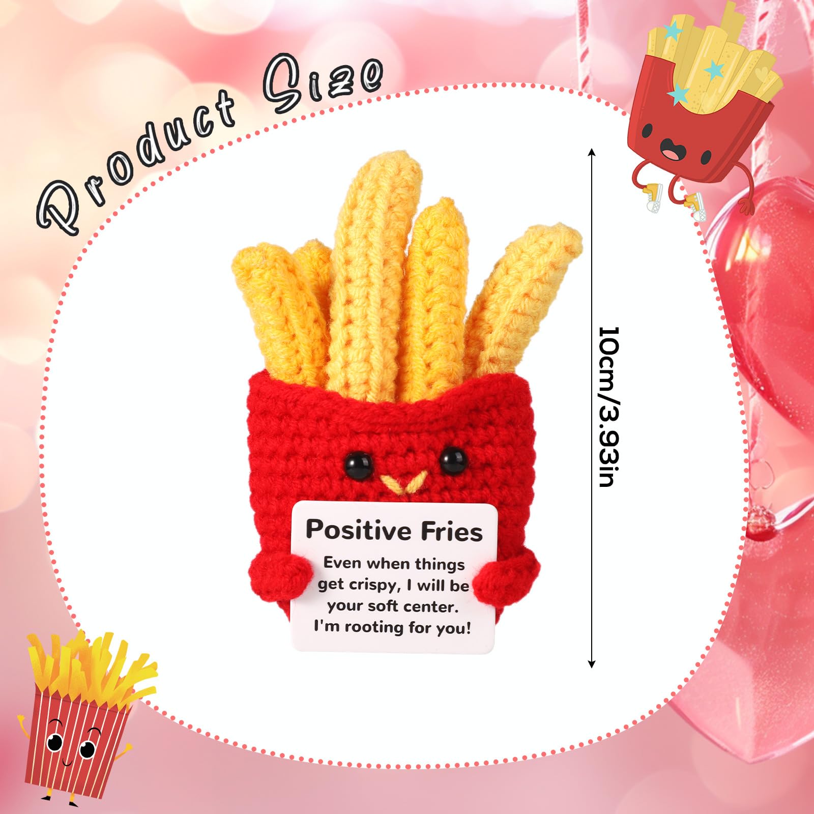 Frites Positives En Laine Tricotée - Avec Carte Encourageante - Longueur 8cm - Cadeau Humour, Décoration Bureau, Anti-stress