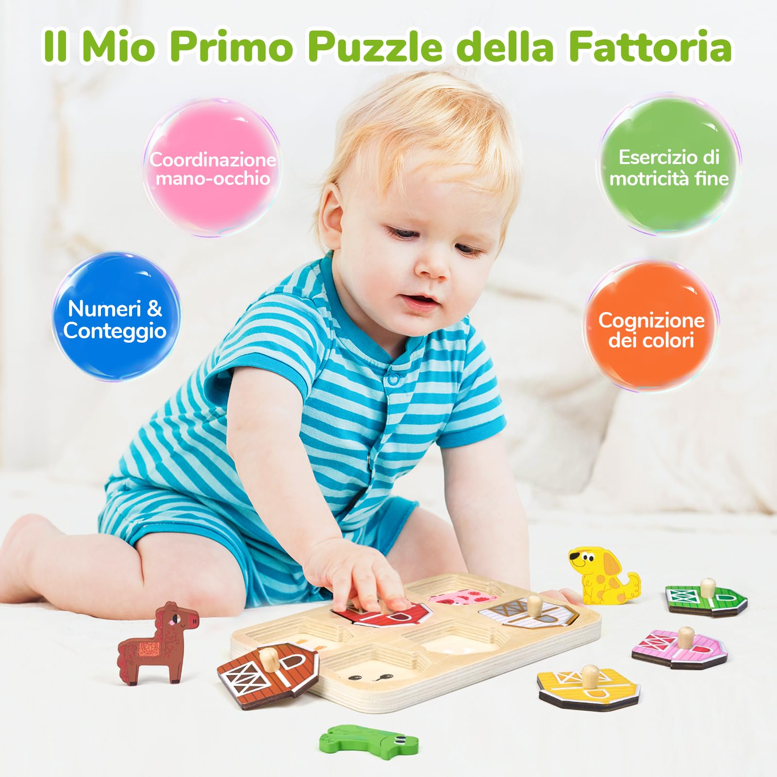 JoyCat Puzzle in Legno per Bambini 1-3 Anni, Giochi Montessori Bambino, Regalo Ragazzi Ragazze Natale Compleanno, Puzzle di Animali della Fattoria, Giochi Educativi Regalo bambini 1 2 3 Anni