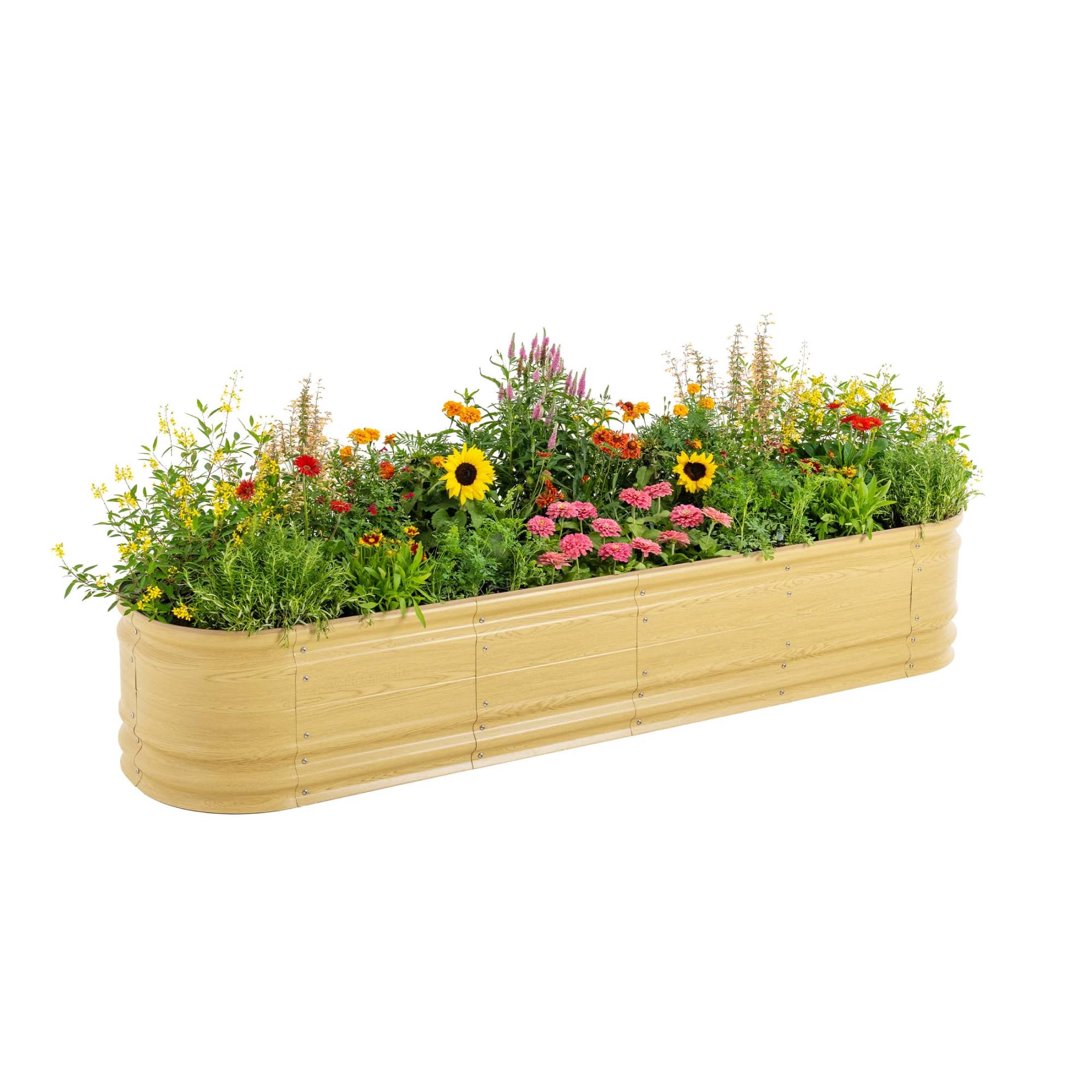 Vego garden 17" Tall 9 in 1 Novel Wooden-Look Metal Raised Garden Bed Kits Modular Planter Beds with 2 in 1 Wrench & Magnetic Plant Tags for Vegetables Flowers, Sunlit Oak