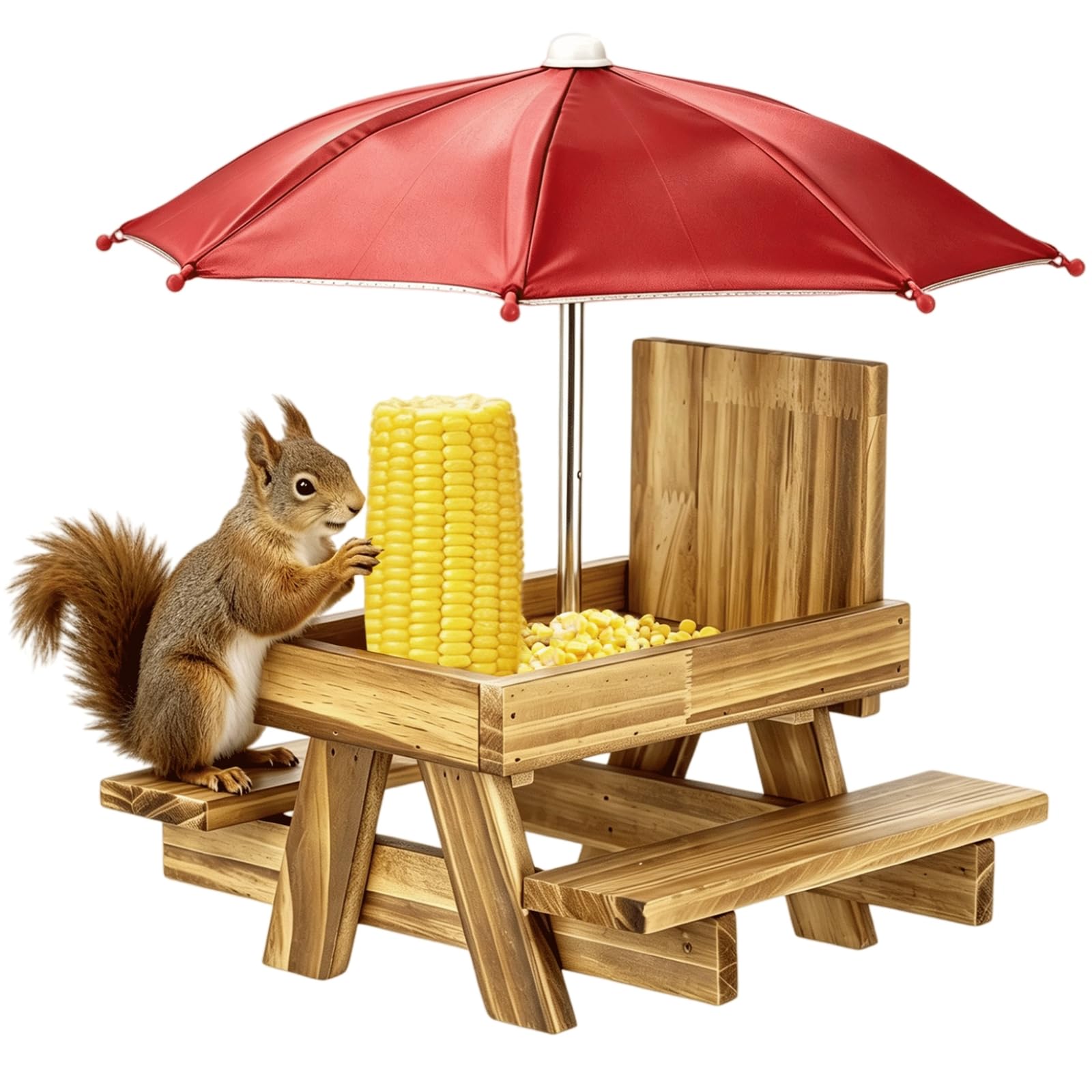 Squirrel Feeder Table with Umbrella, Wooden Squirrel Picnic Table Feeder with Corn Cob Holder, Outdoor Wildlife Feeding Station for Garden Tree Fence, Suitable for Chipmunks and Wild Birds