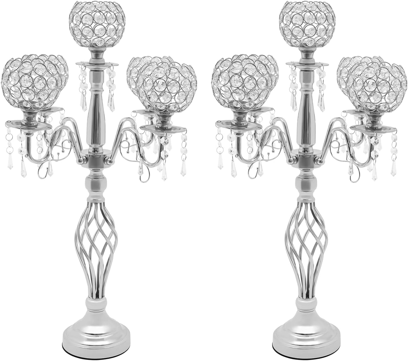 DYNAMI 2Pcs Crystal Candelabra Centerpieces for Tables,5 Arm Bowl Candle Holders 26.8" Tall Candlestick Holders,with Crystal Decor, for Wedding Christmas Dinner Party Events (Silver)