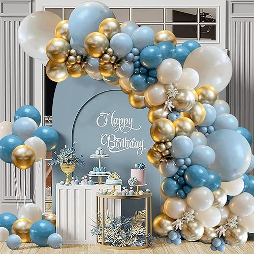 Vista 4 de Kit de guirnalda de globos azul polvoriento, azul niebla, azul real, azul pastel, arena, blanco, dorado metálico, globos de látex para despedida