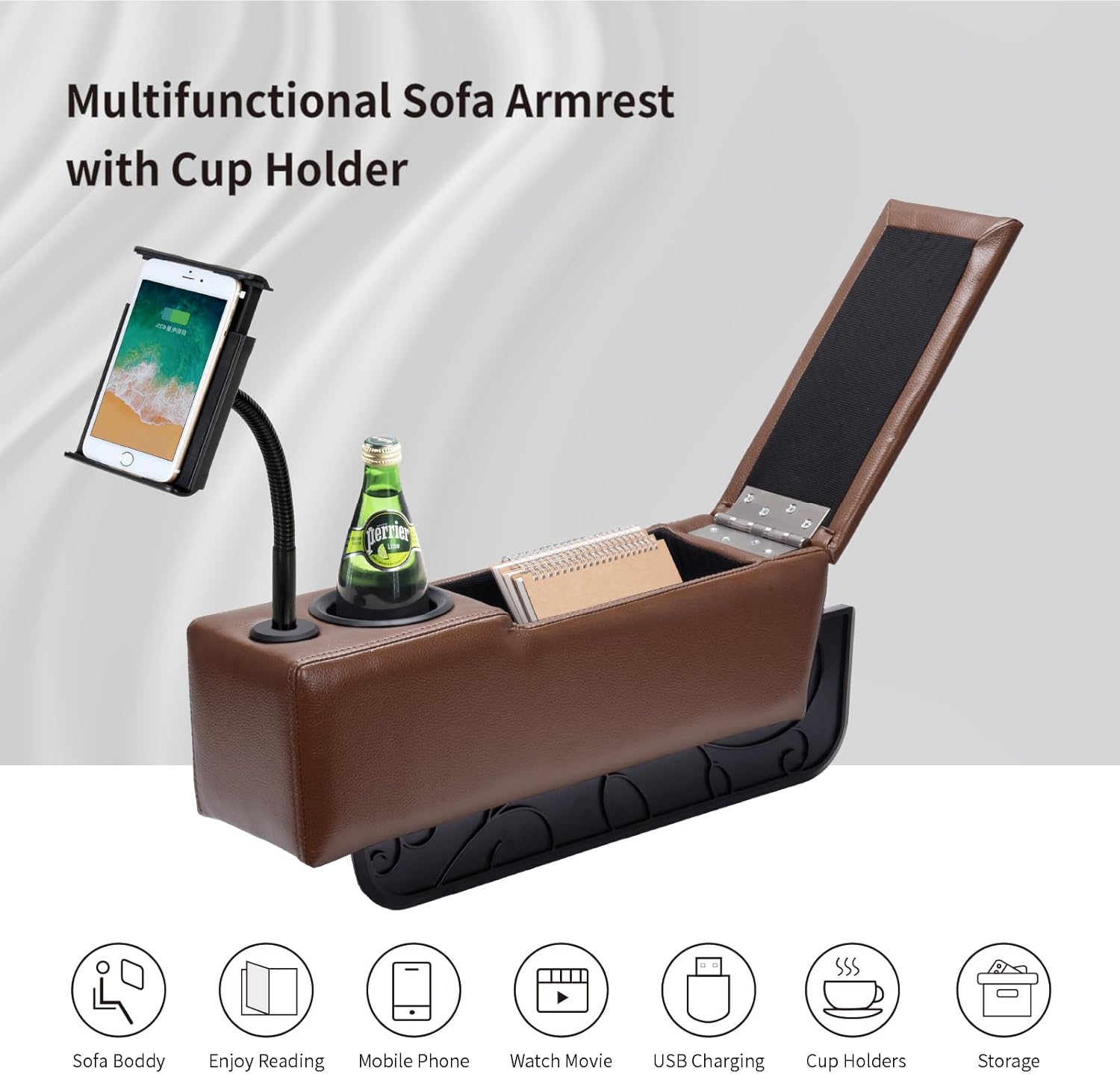 Removable Sofa Armrest with Cup Holder, PU Leather Multifunctional Couch Caddy Storage Arm Rest with Power Wireless Charging Stand & LED Reading Light for Sofa Middle Seat Parts