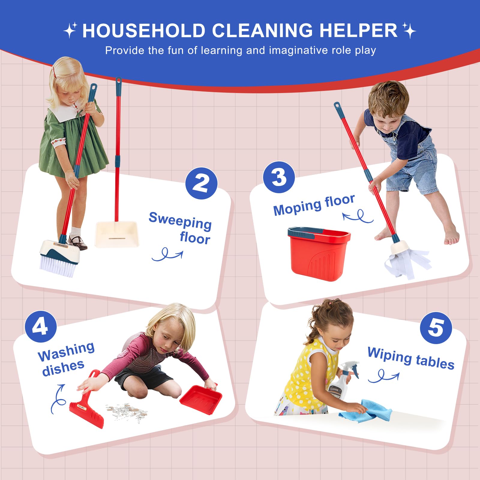Kids Cleaning Set for Toddlers Pretend Play Broom Set 10pcs Mop and Cleaning Toys Set Pretend Playset Detachable Broom Mop Dustpan - Image 2