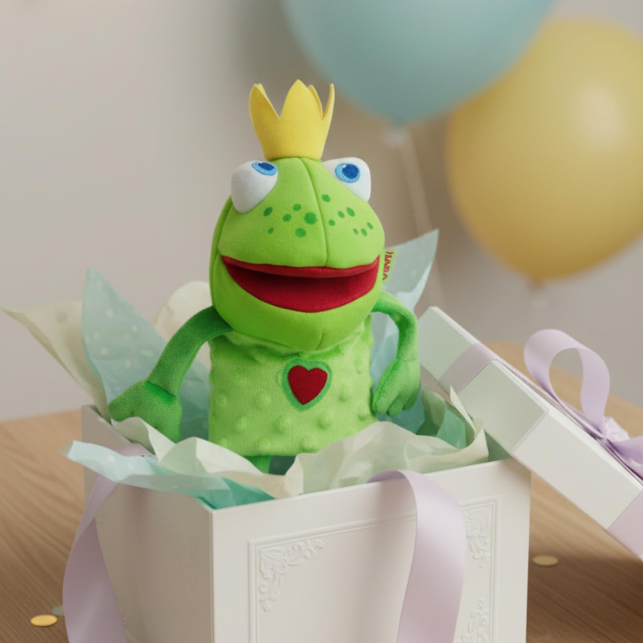 HABA Handpuppe Froschkönig, 26 cm Stoffpuppe mit beweglichem Maul & Knisterfolie, Spielzeug für Rollenspiele & Puppentheater, waschbar, ab 18 Monaten - 1301263001
