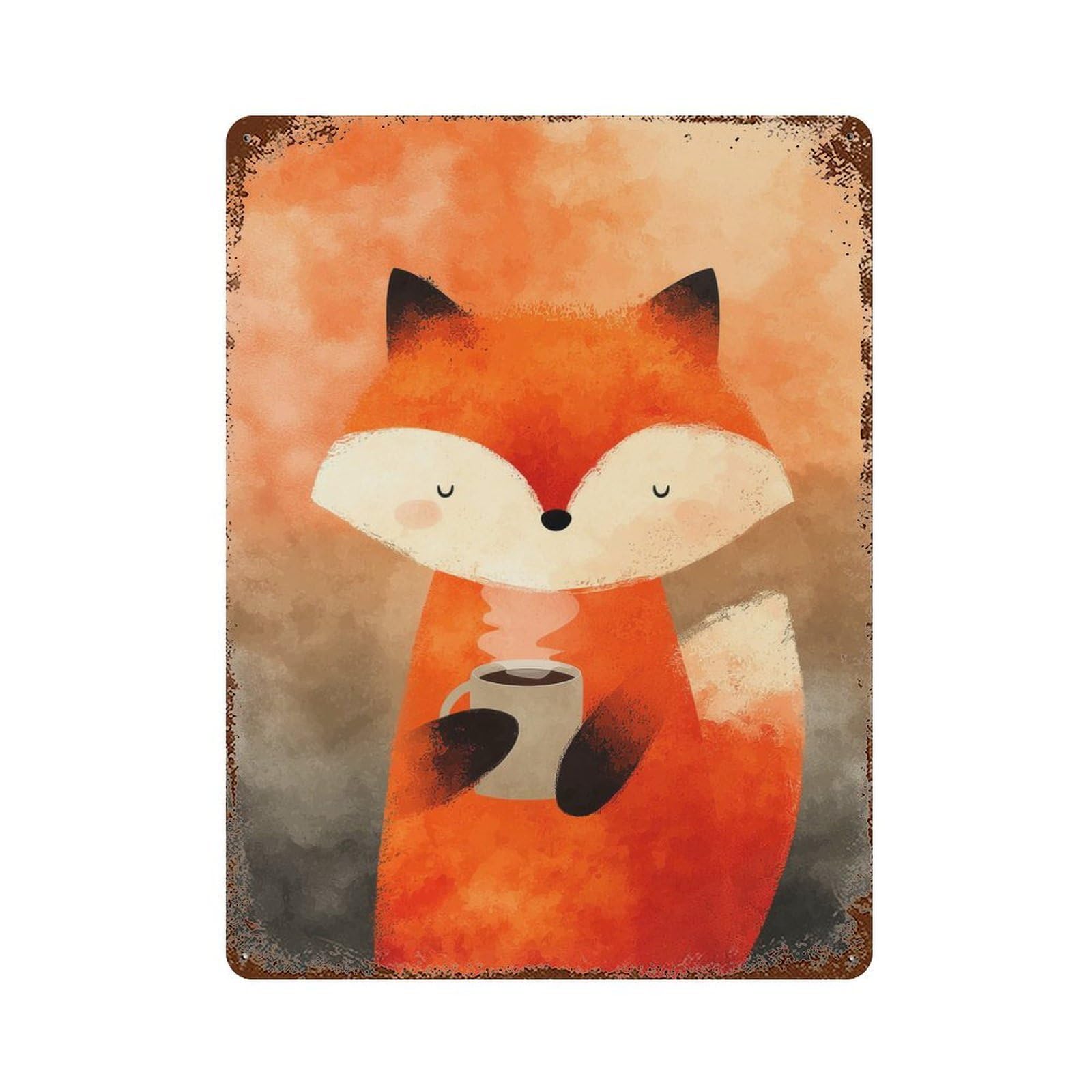 Garage Style Fox with Coffee Vintage Rust Metal Sign 15.7"x11.8", Rustic Home Decor for Bar And Workshop