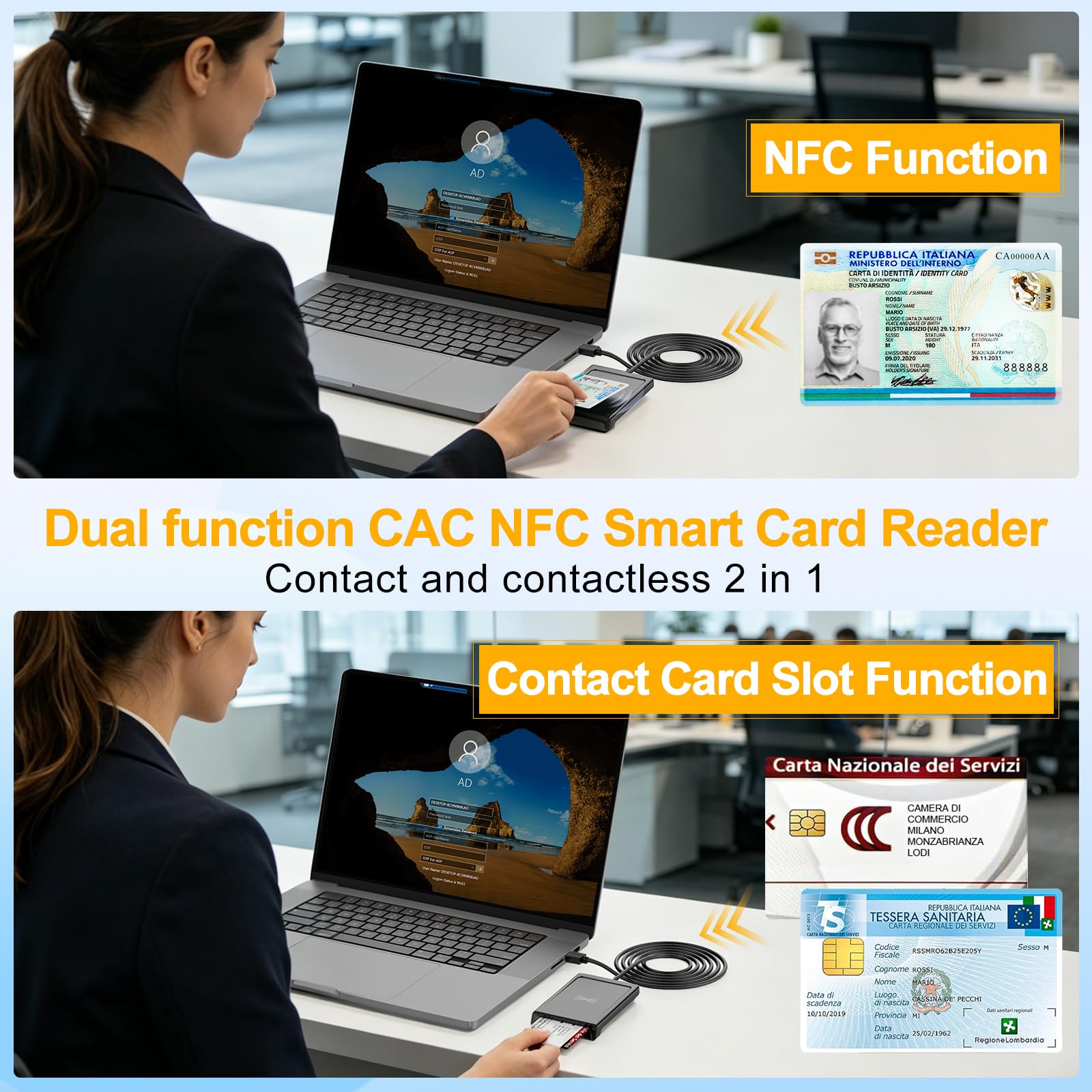 Lettore CIE 3.0 Carta d'identità Elettronica e Tessera Sanitaria Italiana,USB Lettore Smart Card Firma Digitale Lettore Smart contatto e contactless CIE/CRS/CNS,Lettore NFC per PC Windows 10 11 Linux - 5