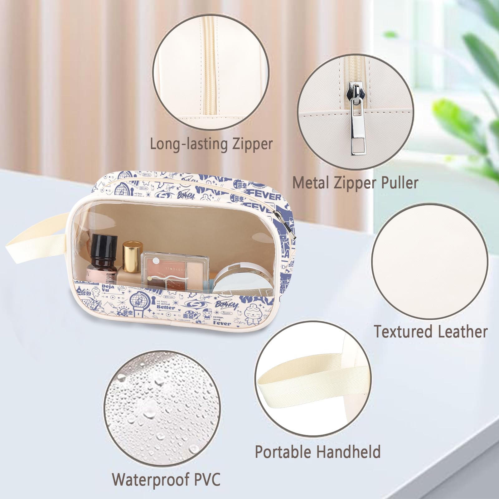 Kpop Clear Makeup Bag Kpop Lover Gift Concert PU Leather Cosmetic Bag With Handle K-pop Merch (Wave PU) - Image 3