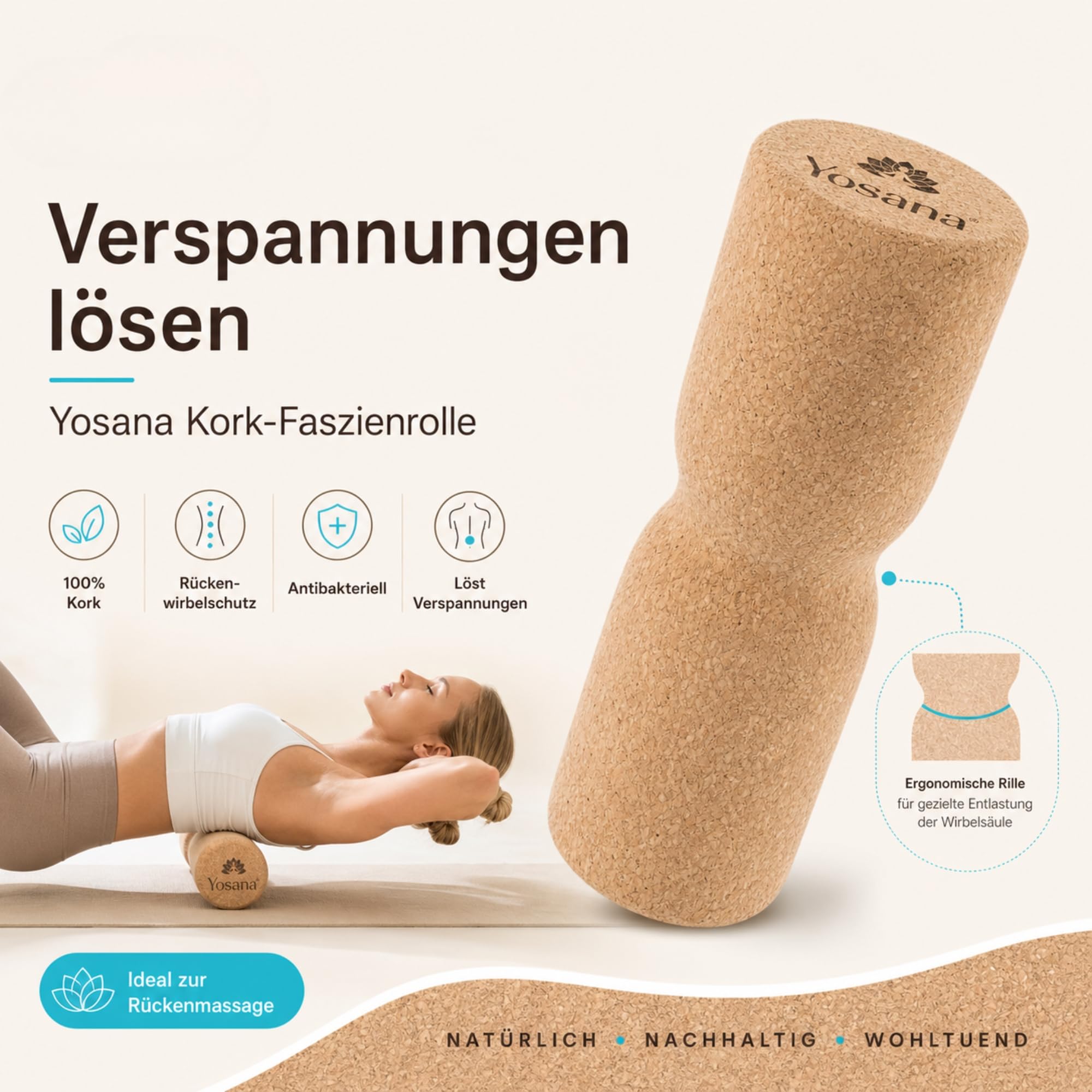 Kork Faszienrolle mit Wirbelsäulenschutz | Harte Rückenrolle für Rückenmassage & Faszientraining I Nachhaltige Korkrolle I 30x10cm