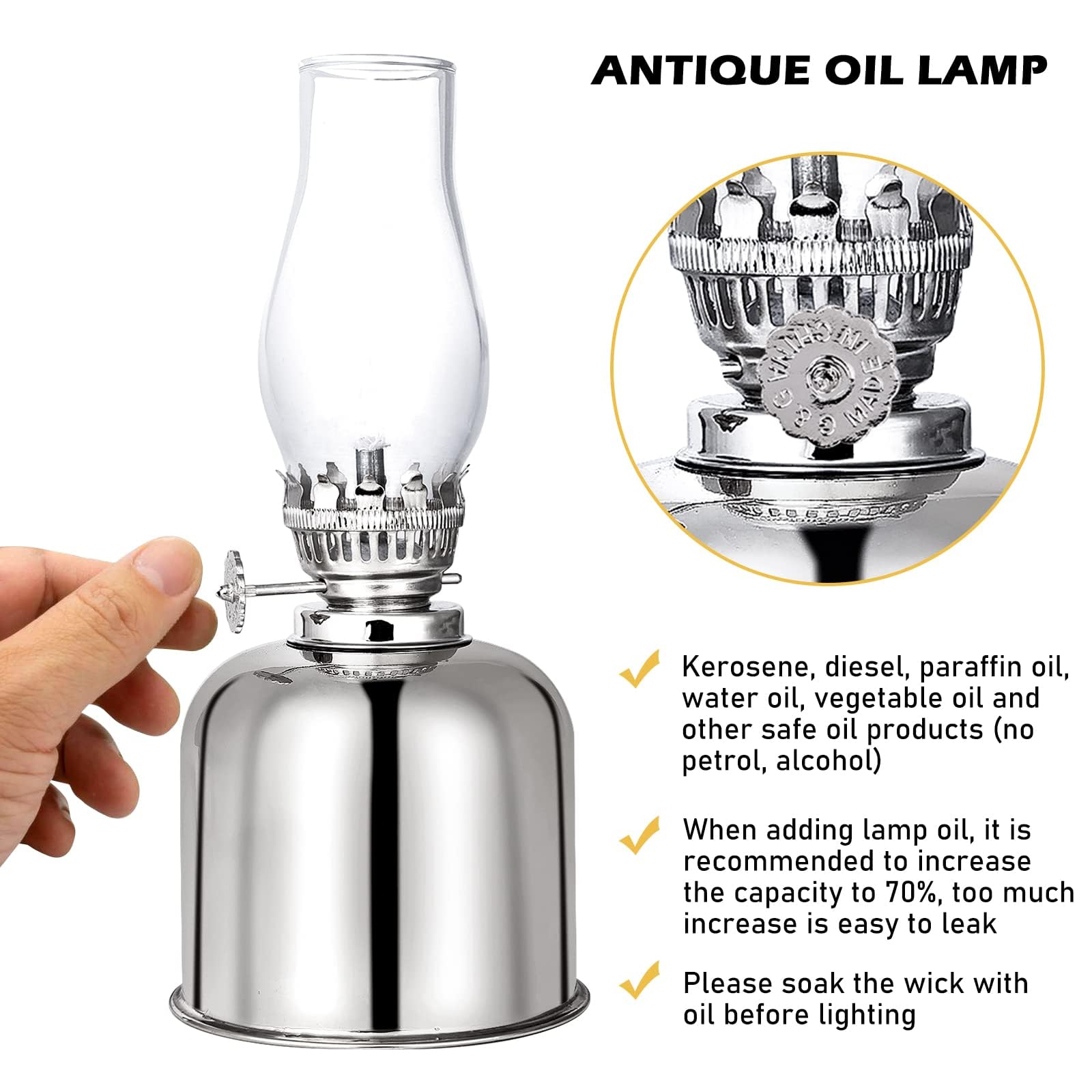 Petroleumlampe Retro-Öllampe Laterne Metall Glas Drehfassung Innen Outdoor Spiegelkerosenlampe Winddicht Antike Vintage Notlicht Transparentes Kerosinlaterne (Silbrig)