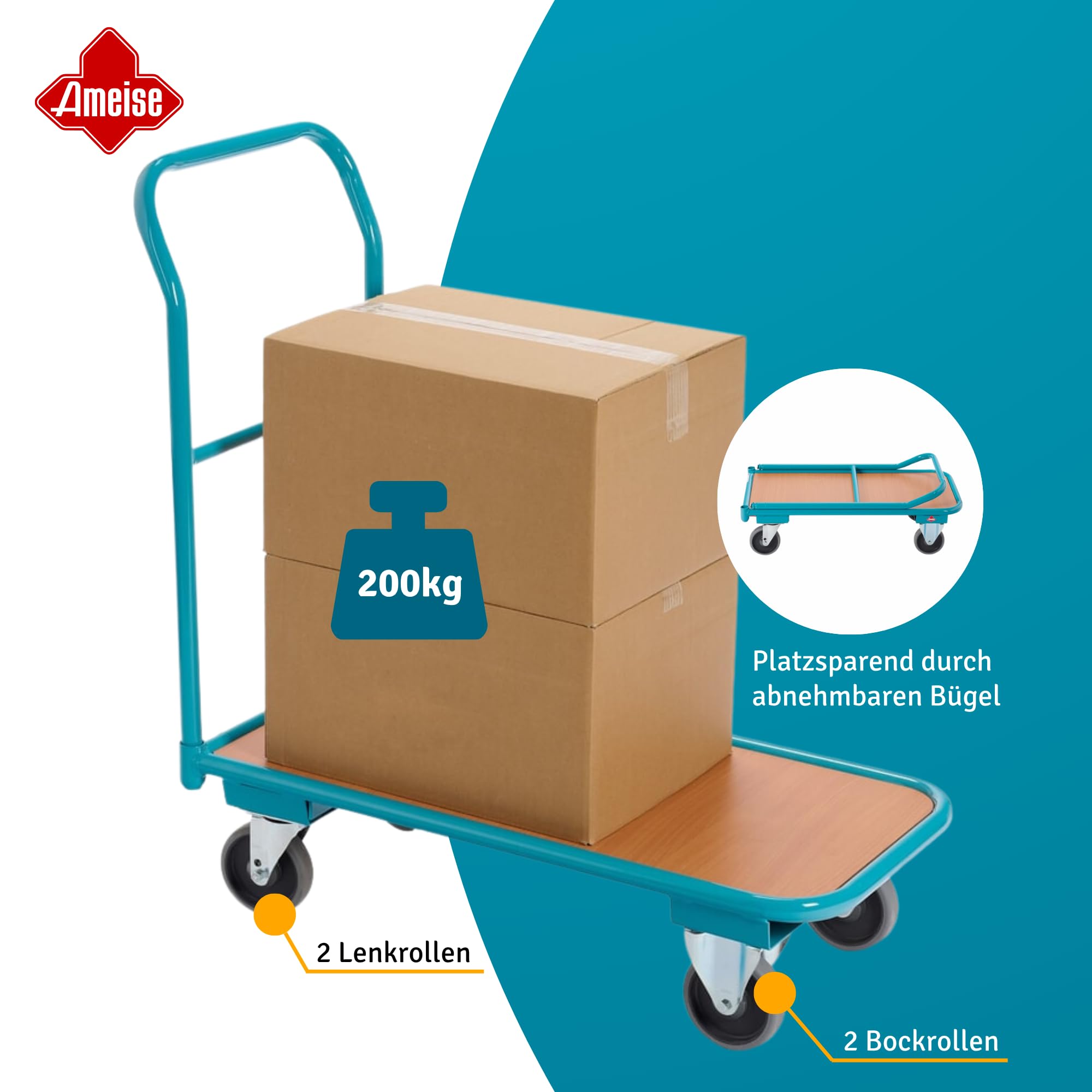 Ameise Magazinwagen | 200 kg Tragkraft | HxBxT 91 x 45 x 95 cm | Ladefläche BxT 45 x 85 cm | 4 TPE-Rollen mit Zentralbremse | stabiles Stahlgestell | stoß- und Kratzfest | bodenschonend