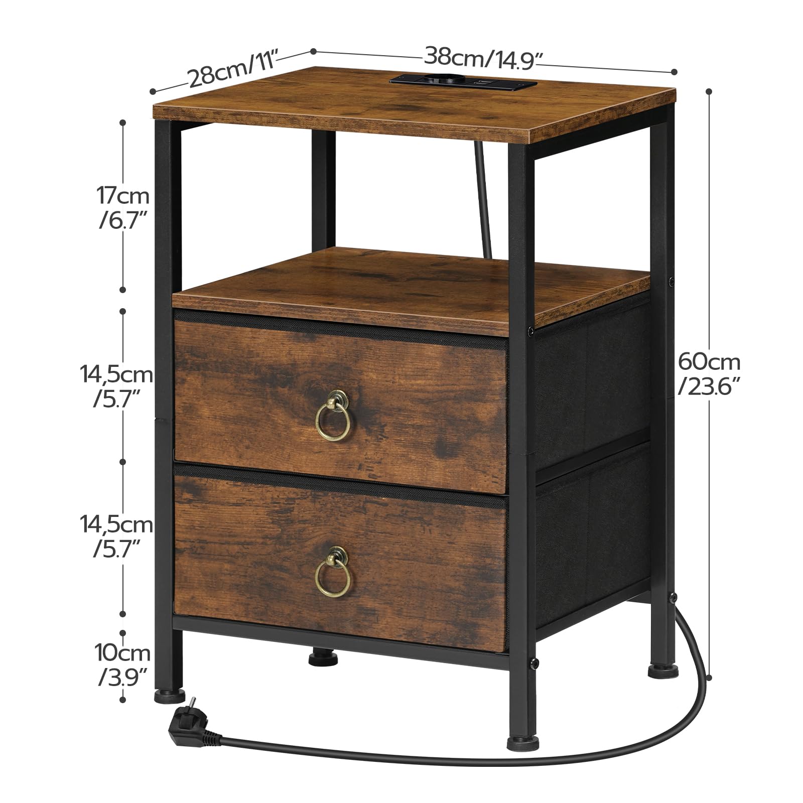 HOOBRO Table de Chevet avec Station de Charge, Table d’Appoint avec 2 Tiroirs en Tissu Non-tissé et étagère Ouverte, Marron Rustique et Noir EBF110CBZ01