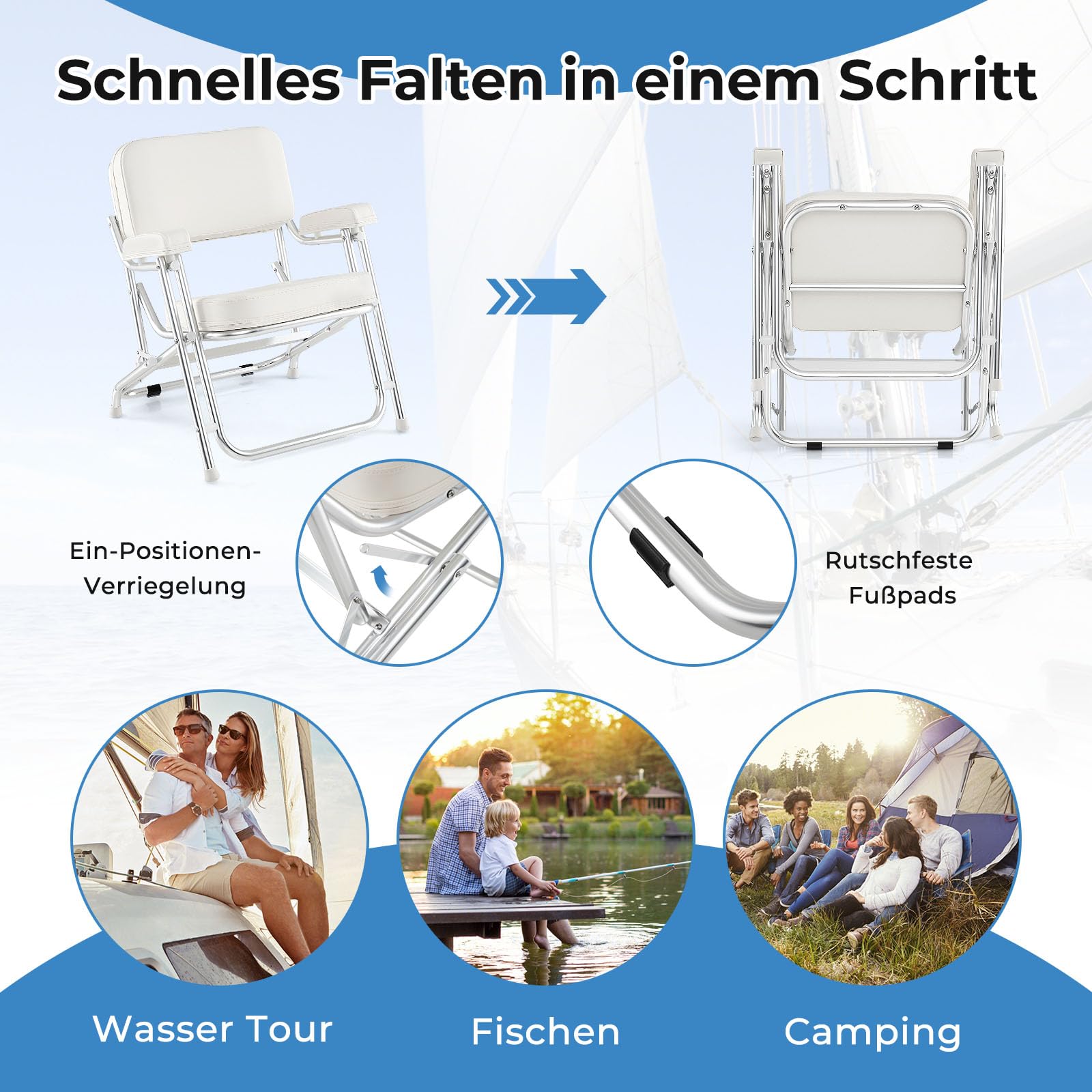 GYMAX Tumbona de Aluminio para Barcos, Silla de Banco Marino con Asiento Acolchado y Reposabrazos Acolchados, Silla Plegable Portátil para Barcos, Yates, Barcos