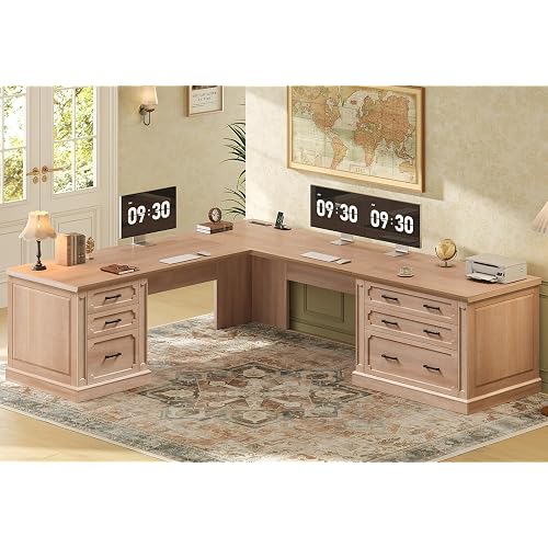 SEDETA Farmhouse 78.8" L Shaped Desk with 6 Drawers, Home Office Desk with Power Outlet, File Cabinet Storage, Wood Corner Computer Desk for Work and Study, Oak