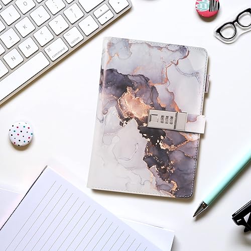 Miniatura 6 de Diario de mármol con cerradura para niñas y mujeres, diario de cuero A5 con cerradura para adolescentes, cuadernos secretos con bloqueo de