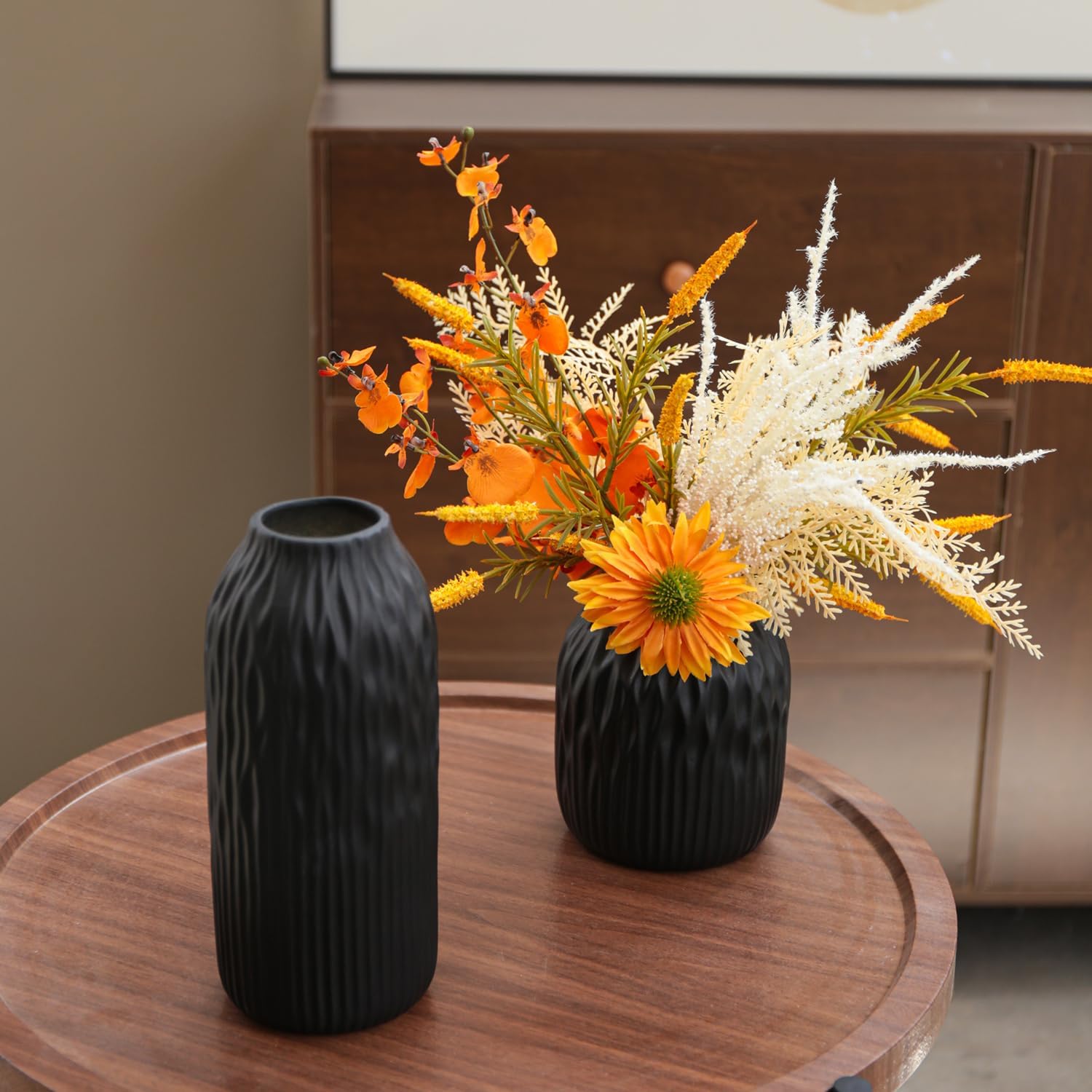 Black Ceramic Flower Vase Set of 2, Porcelain Cylindrical Dried Flowers Holder, Decorating for Drawing Room/Table/Study/Office Entryway, Modern Simple Boho Style (Black)