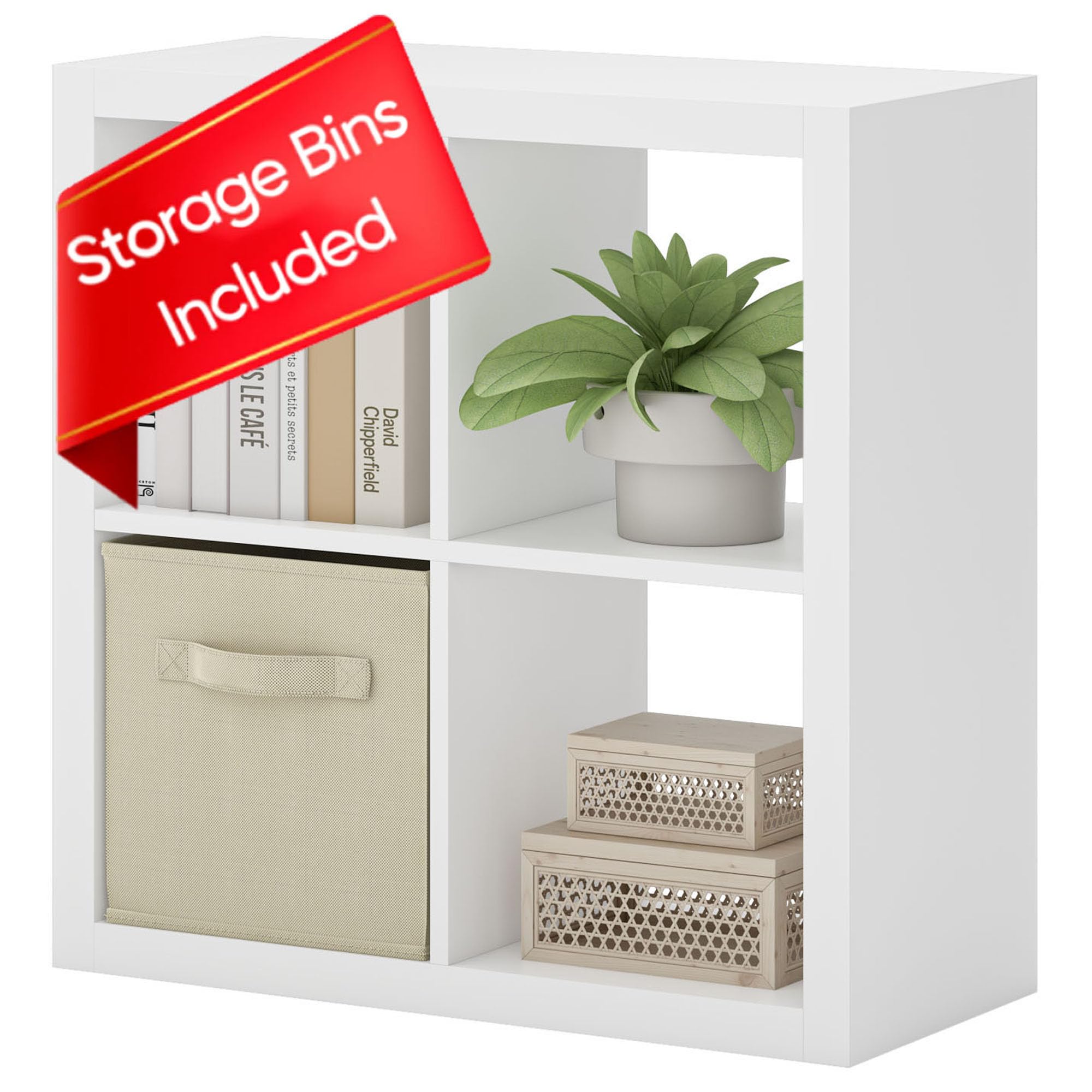 Bookshelf with Storage Bin, 4-Cube Storage Organizer, Modern Wood Open Bookcase, Multifunctional Display Shelf for Living Room, Bedroom, Home Office, White