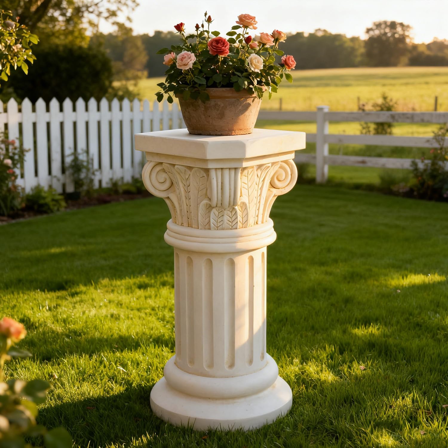 Modern Elegant Pedestal Stand White for Plants Garden Decor Grecian Style Indoor Outdoor Resin Pedestal Stands with Lonic Volutes and Acanthus Leaf Ideal for Wedding Party Home Decoration