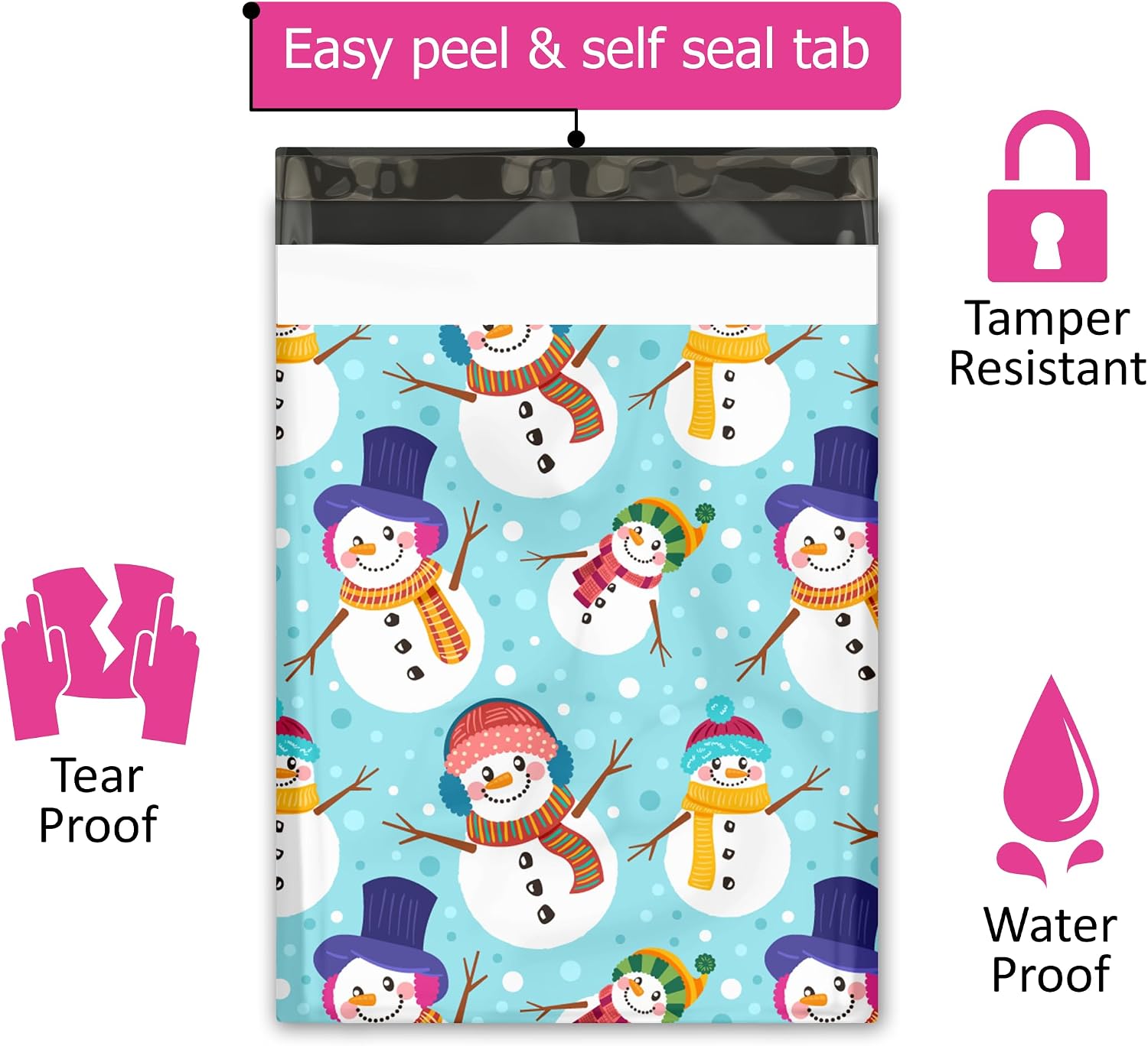 10x13 (100) Snowman Winter Designer Poly Mailers Self Sealing Waterproof Tamperproof Shipping Envelopes Christmas Premium Printed Bags For Small Businesses