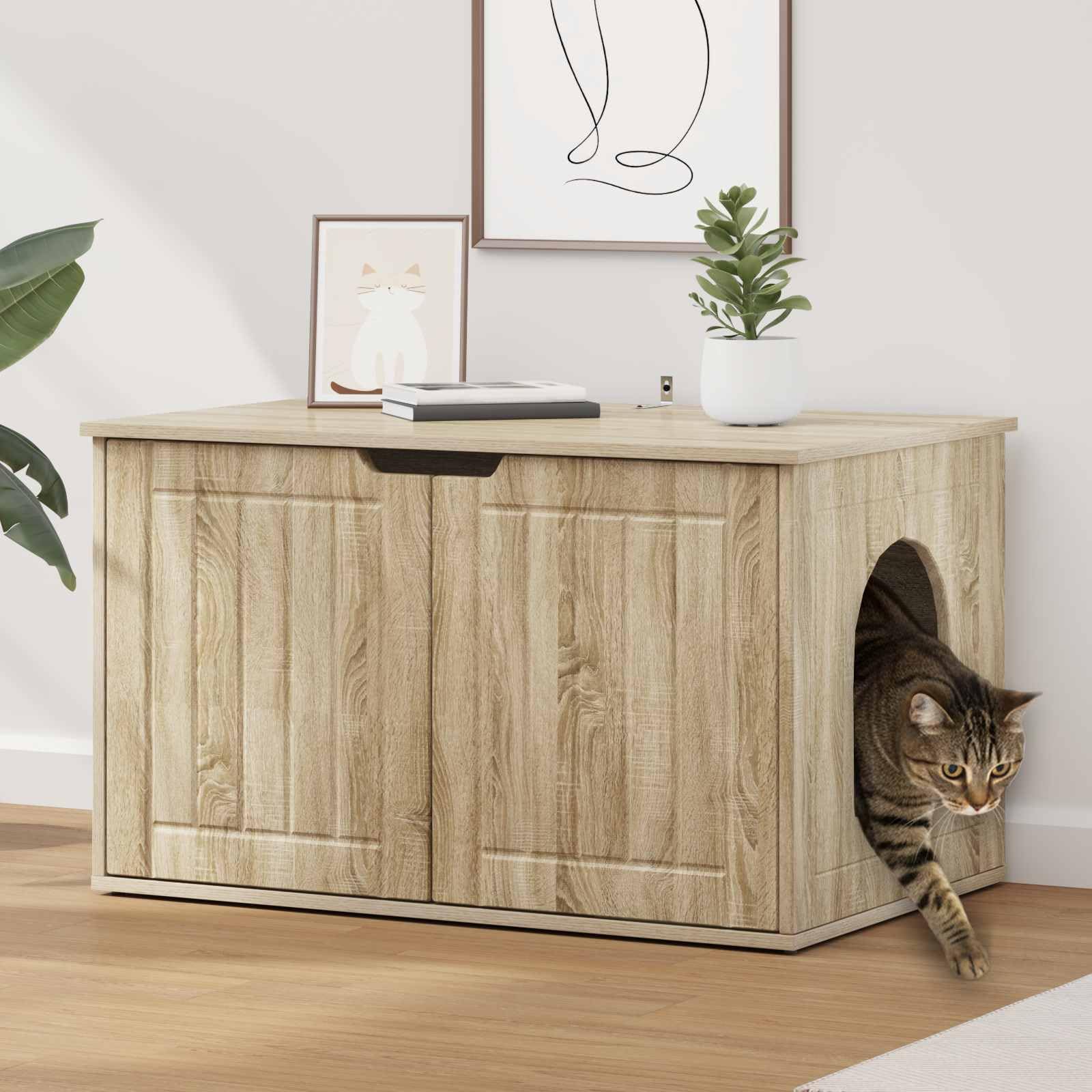 Casa de gato moderna de madera en forma rectangular delgada para sala de estar y esquinas, incluye accesorios de montaje para fácil montaje, estructura robusta