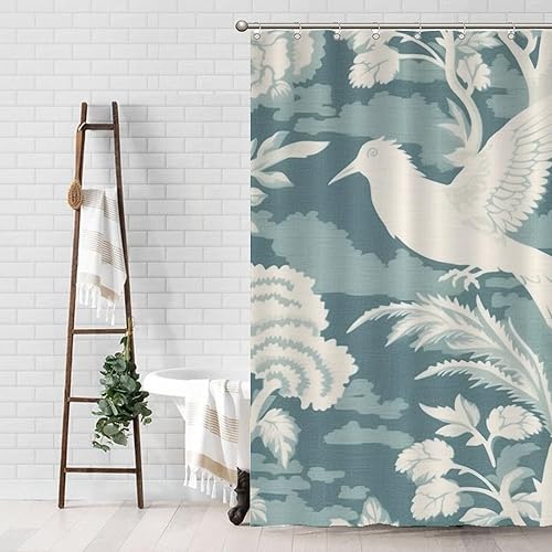 Miniatura 478 de Cortinas de ducha de baño con ganchos, 72 x 92 pulgadas, cortina de ducha de tela impermeable con diseño de flores y pájaros, cortina de ducha